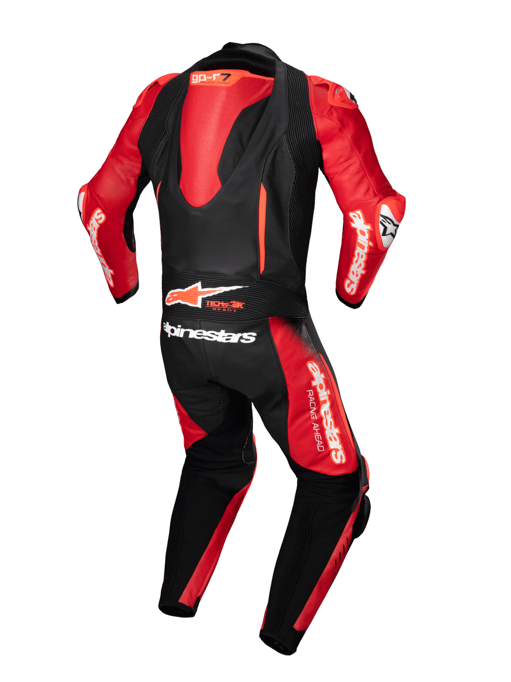 Combinaison en cuir Alpinestars GP-R7 1 pièce, tenue de course noire et rouge avec bosse aérodynamique et logo Tech-Air Ready.
