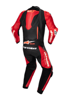 Combinaison en cuir Alpinestars GP-R7 1 pièce, tenue de course noire et rouge avec bosse aérodynamique et logo Tech-Air Ready.