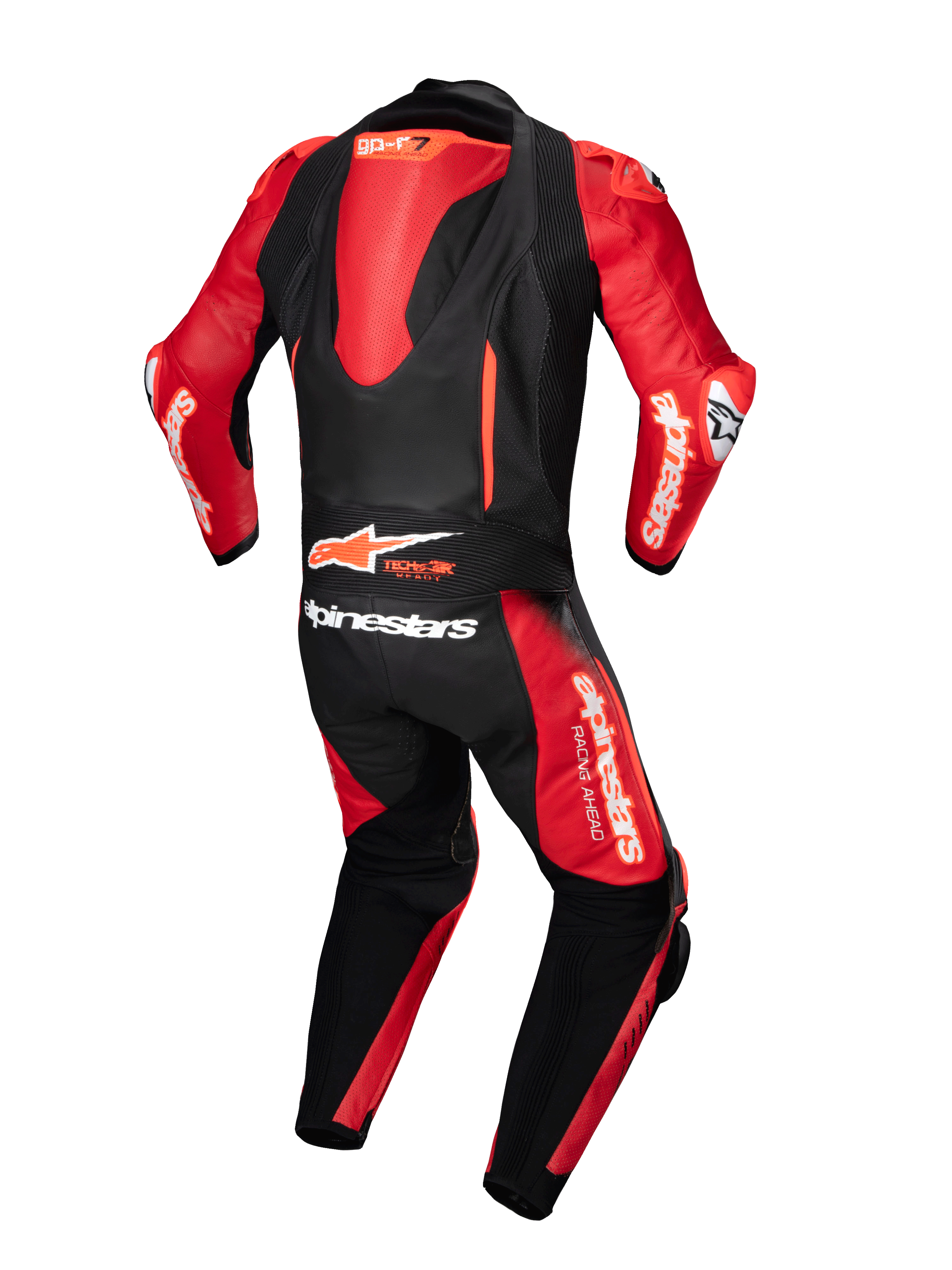 Combinaison en cuir Alpinestars GP-R7 1 pièce, tenue de course noire et rouge avec bosse aérodynamique et logo Tech-Air Ready.