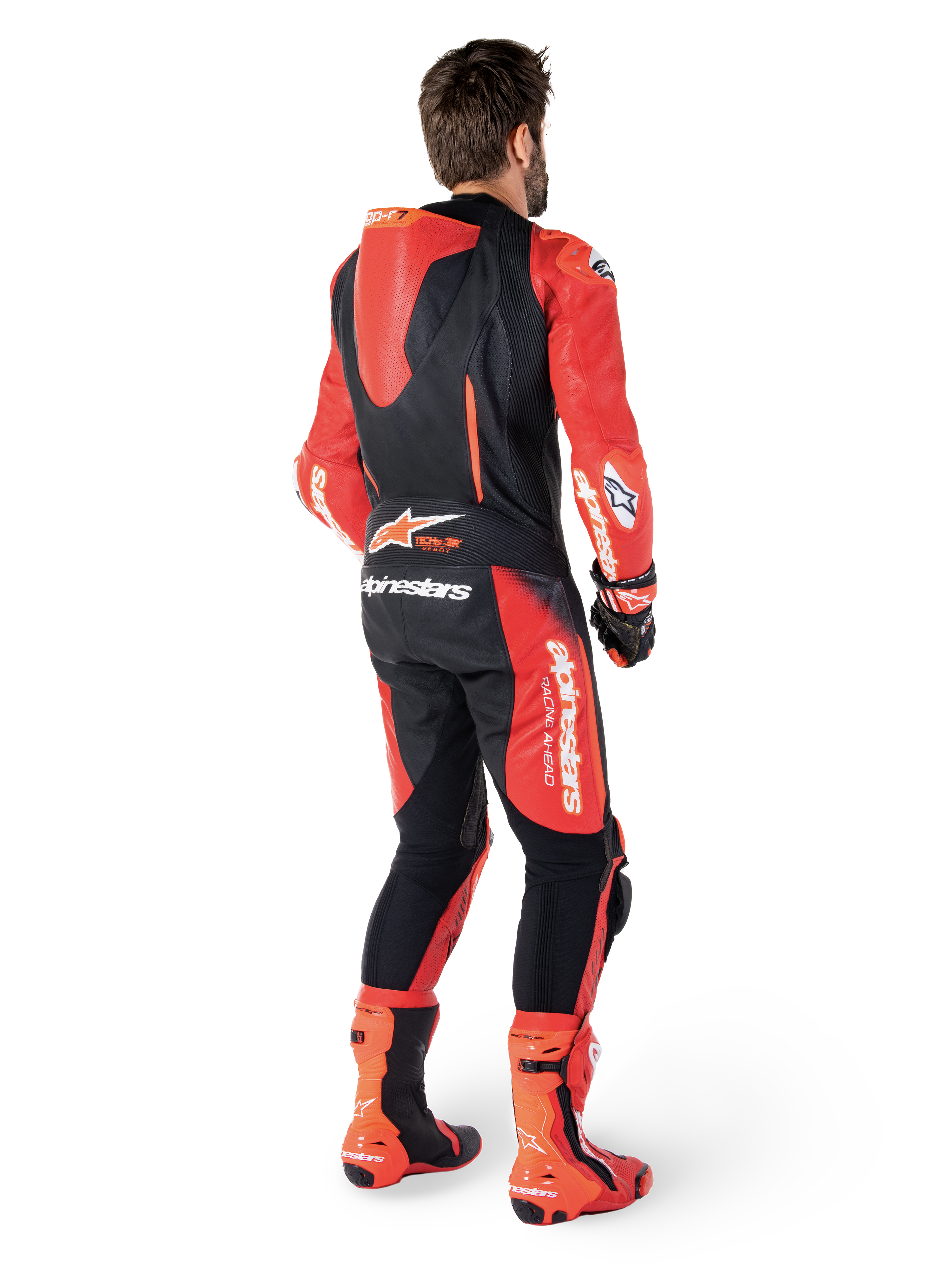 Alpinestars GP-R7 1 Pièce, combinaison en cuir de course moto, noire et rouge, vue arrière avec bosse aérodynamique.