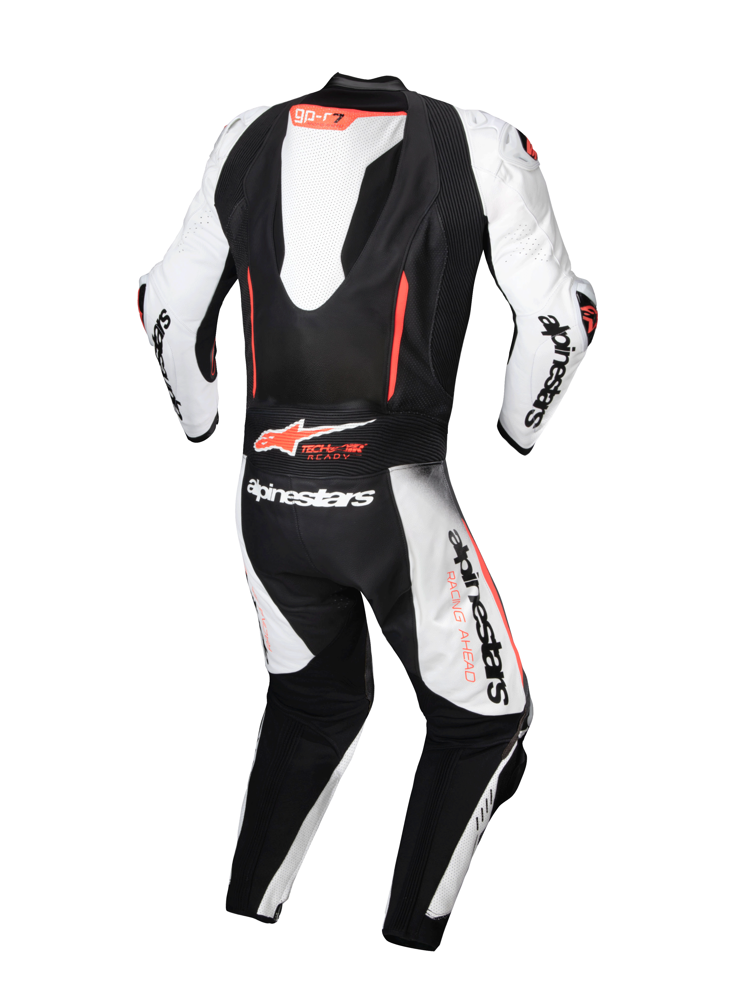 Alpinestars GP-R7 Lederkombi 1-Teiliger, Motorradrennanzug, Weiß und Schwarz, Tech-Air® Ready mit aerodynamischem Höcker, Rückansicht.