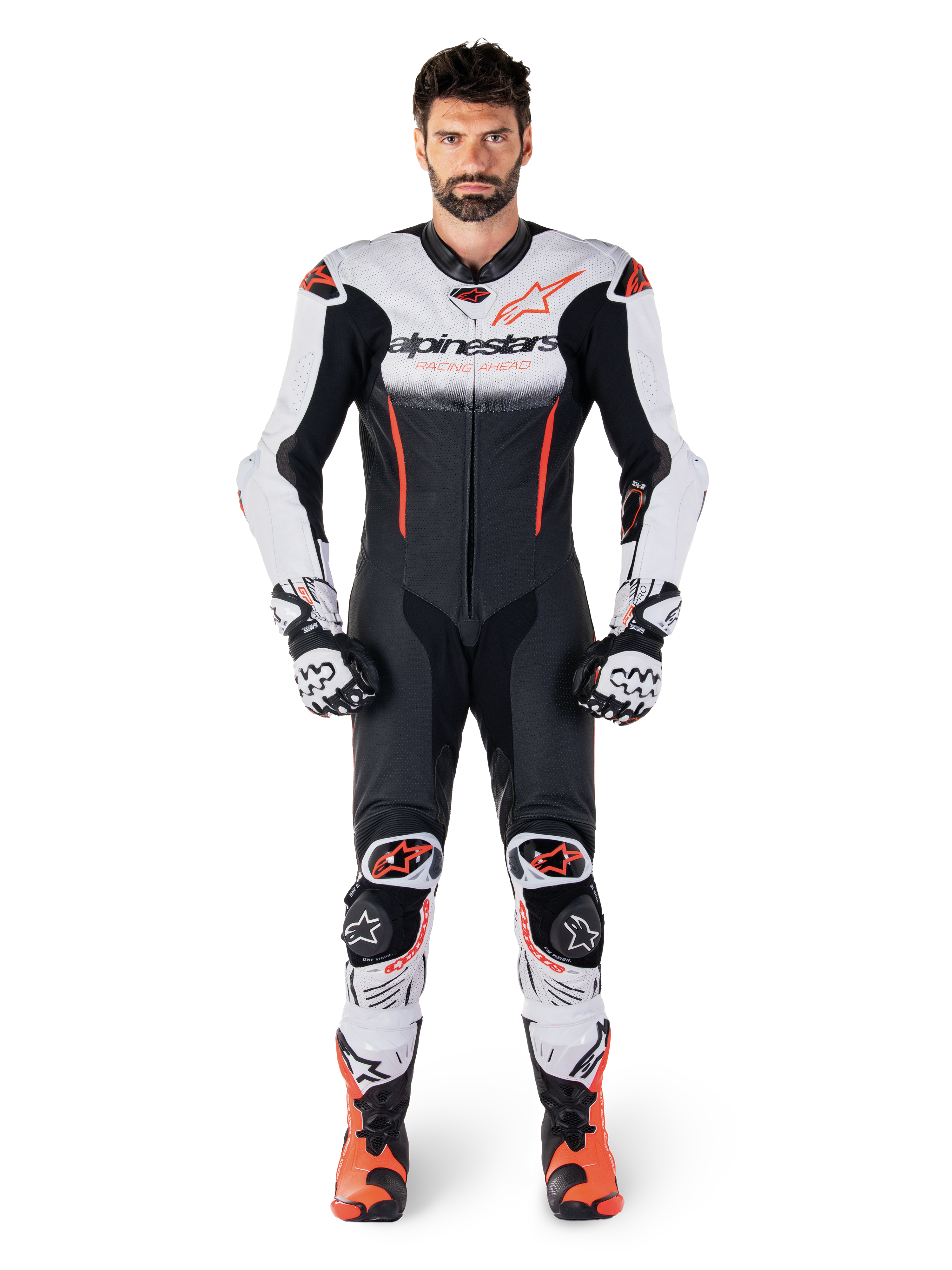 Alpinestars GP-R7 Einteiler-Lederkombi in Weiß, Schwarz und Rot Fluo, Premium-Motorrad-Rennkombi aus Leder für Herren.