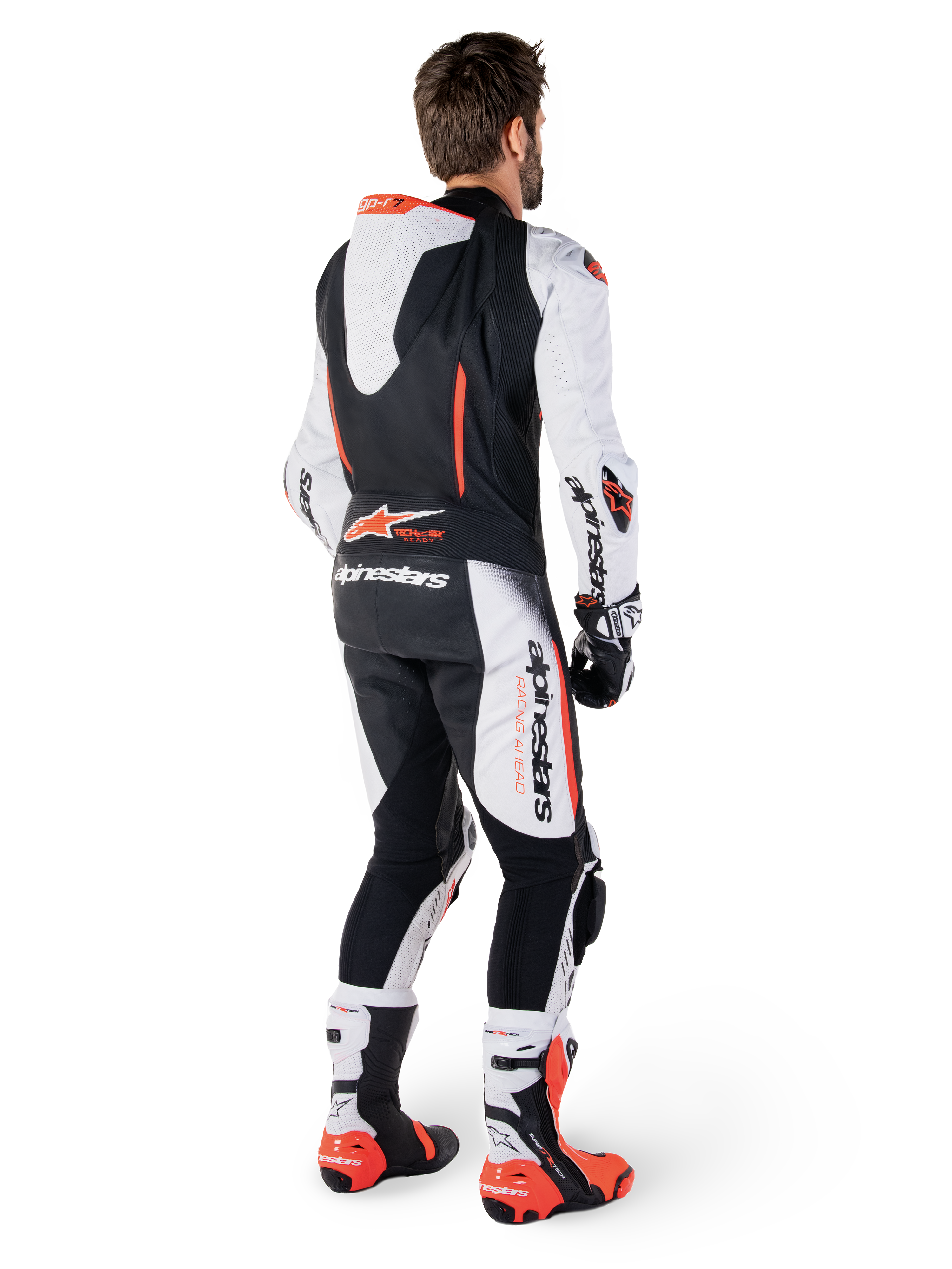 Alpinestars GP-R7 Lederkombi, Einteiliger Rennanzug für Herren, Weiß und Schwarz, Rindsleder mit Aero-Höcker, Rückansicht, Tech-Air® Ready.