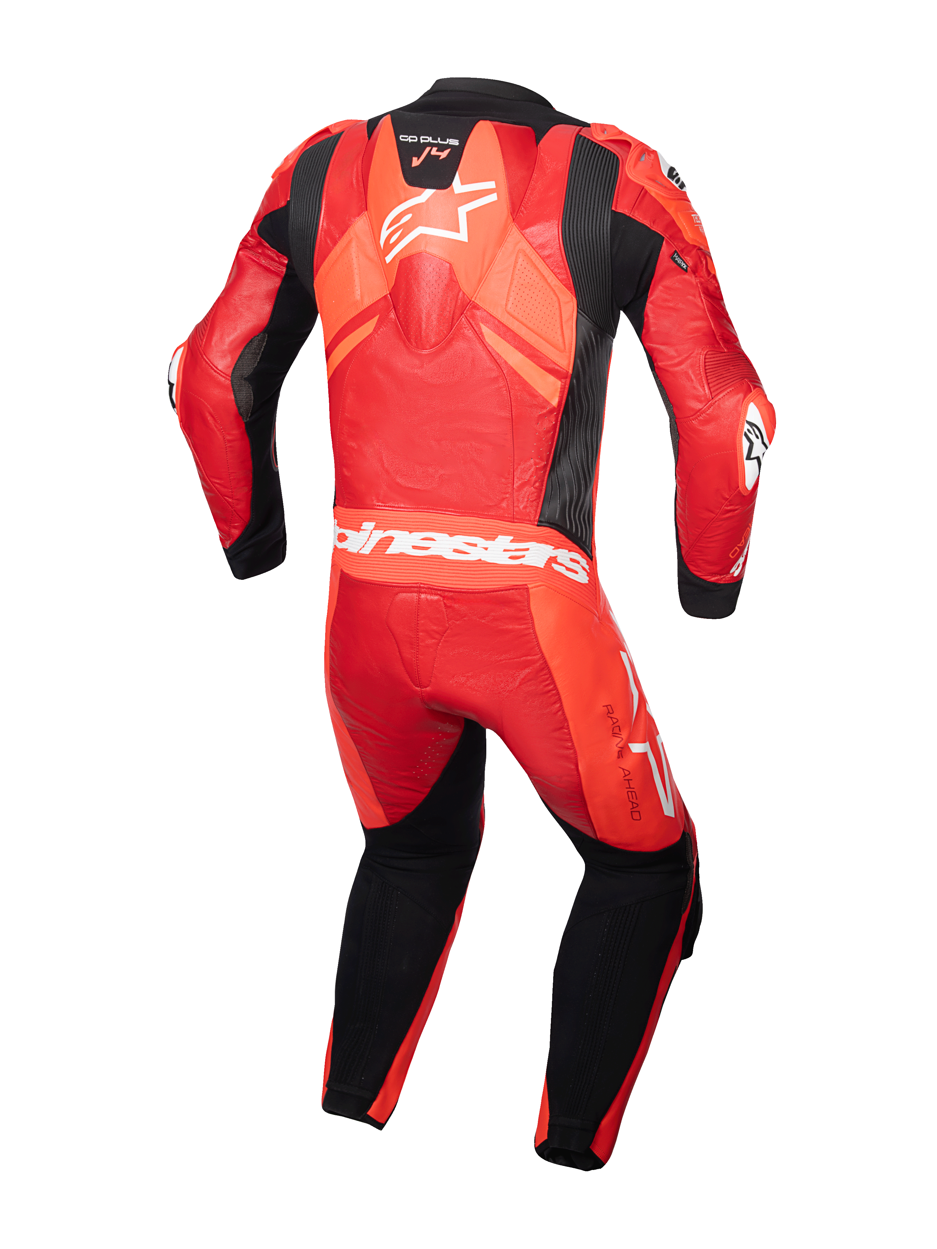 Alpinestars GP Plus V4 Sprint, combinaison en cuir 1 pièce, homme, rouge et noire, vue arrière avec bosse aérodynamique.