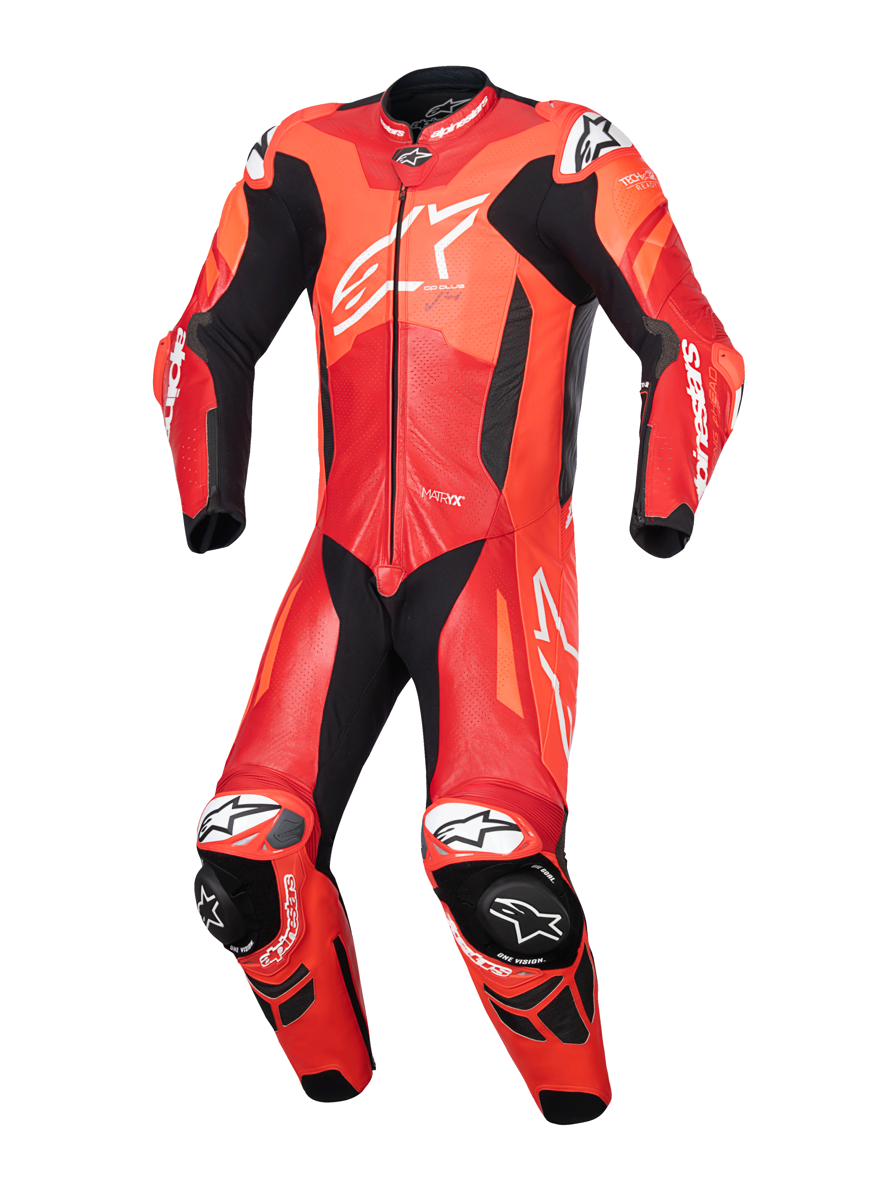 Alpinestars GP Plus V4 Sprint 1 pièce, combinaison en cuir de course pour homme, rouge fluo et blanche, certifiée CE.