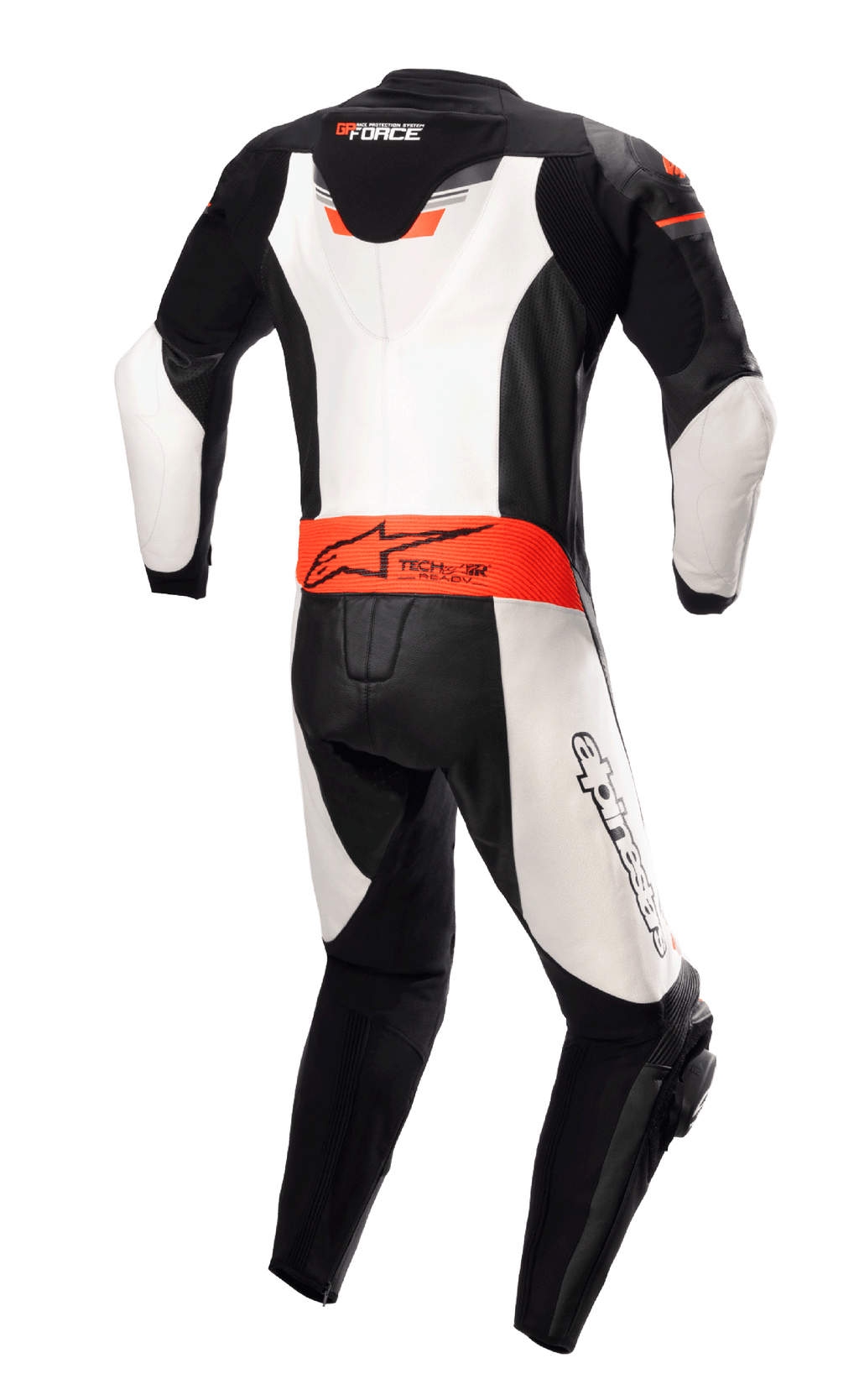 Alpinestars GP Force Chaser eendelig leren pak, achteraanzicht, zwart, wit en fluorood, met een aerodynamische rugbult, Tech-Air Ready-logo op de taille en witte leren panelen, professioneel rundleren motorracepak