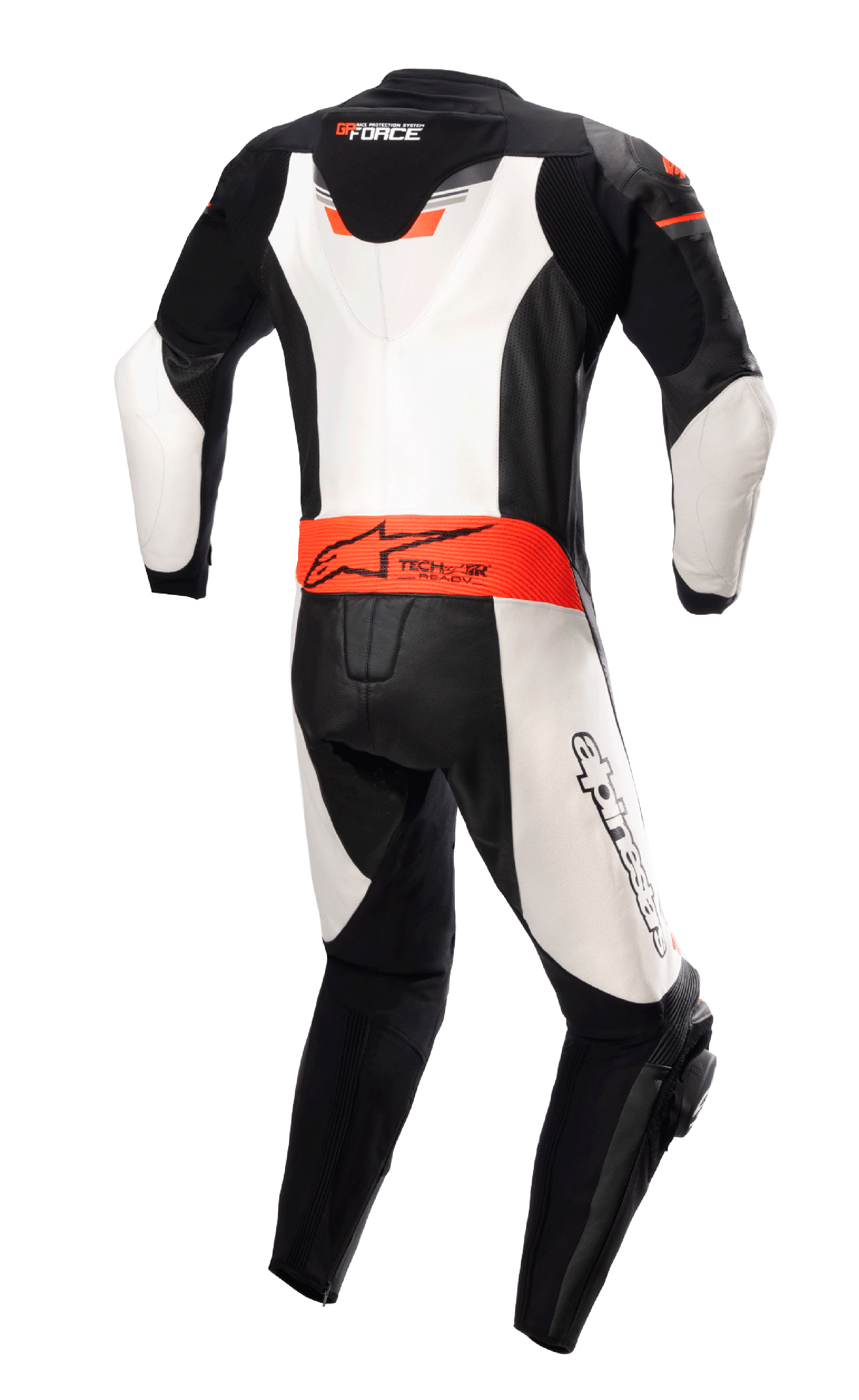 Alpinestars GP Force Chaser eendelig leren pak, achteraanzicht, zwart, wit en fluorood, met een aerodynamische rugbult, Tech-Air Ready-logo op de taille en witte leren panelen, professioneel rundleren motorracepak