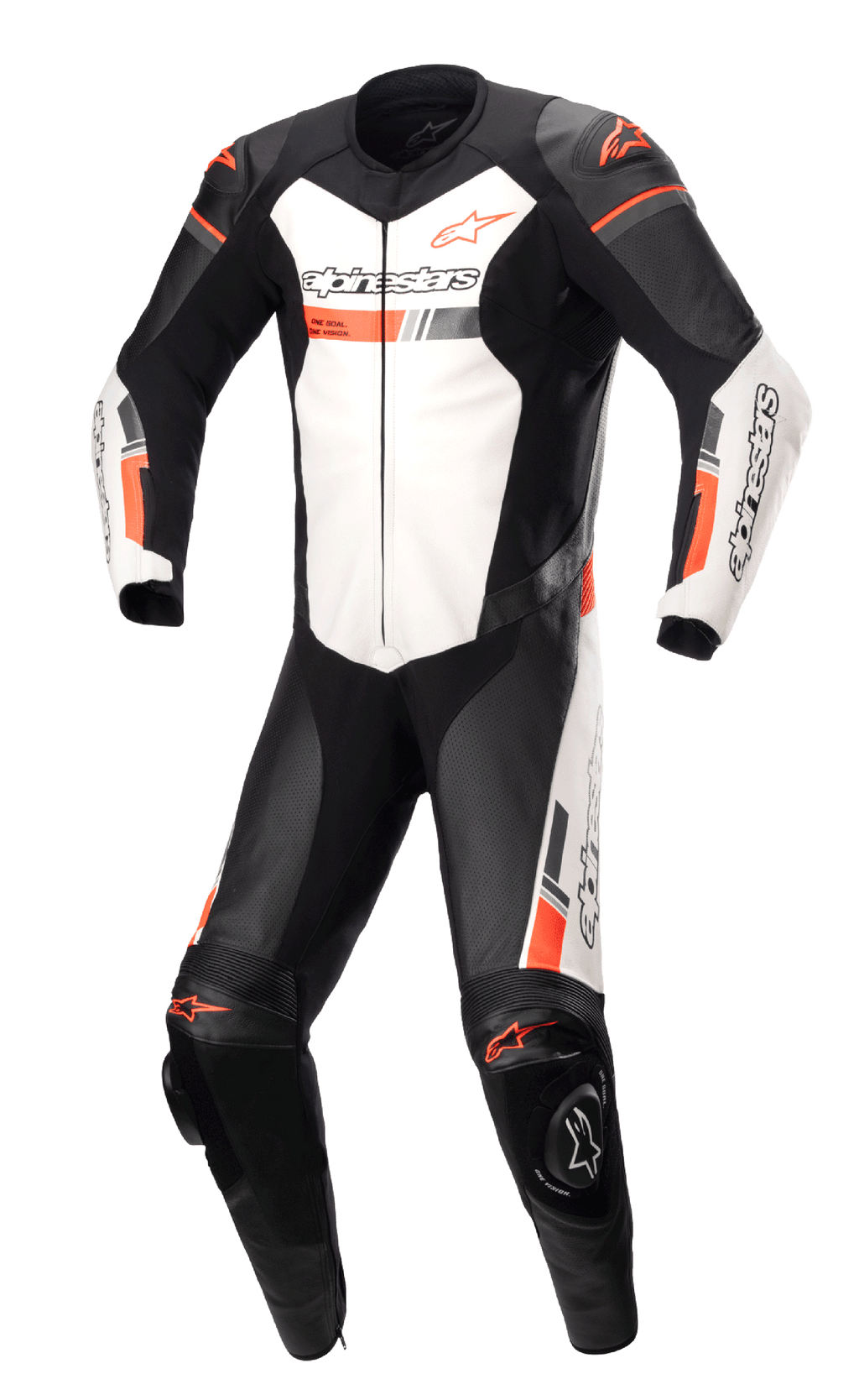Alpinestars GP Force Chaser eendelig leren pak, professioneel motorracepak, zwart en wit met fluorescerend rode accenten, geperforeerde leren panelen, externe schouder- en kniebeschermers, rundleer constructie