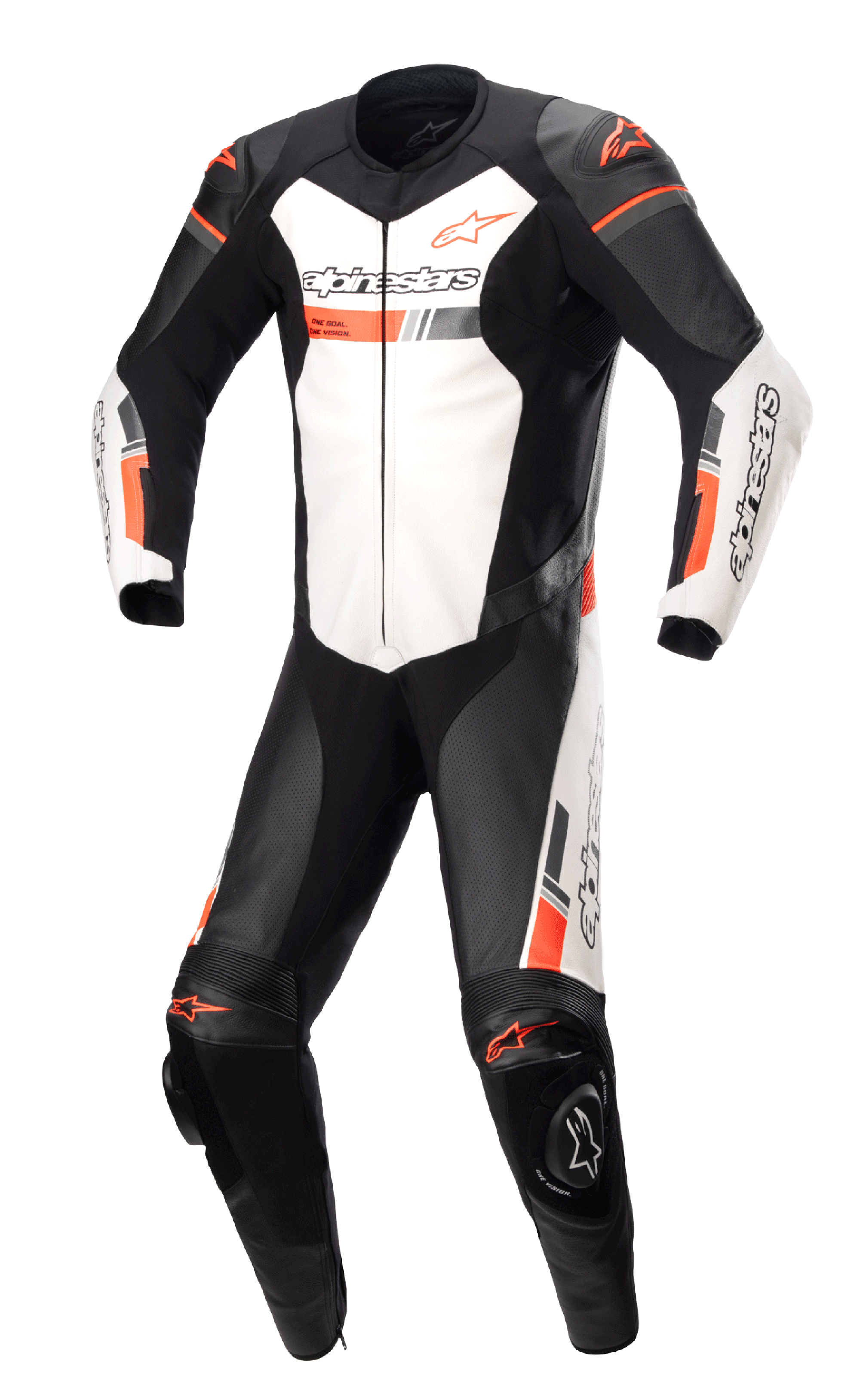 Alpinestars GP Force Chaser Einteiliger Lederkombi, Professioneller Motorrad-Rennanzug, Schwarz und Weiß mit fluoreszierenden roten Akzenten, Perforierte Ledereinsätze, Externe Schulter- und Knieprotektoren, Rindsleder-Konstruktion