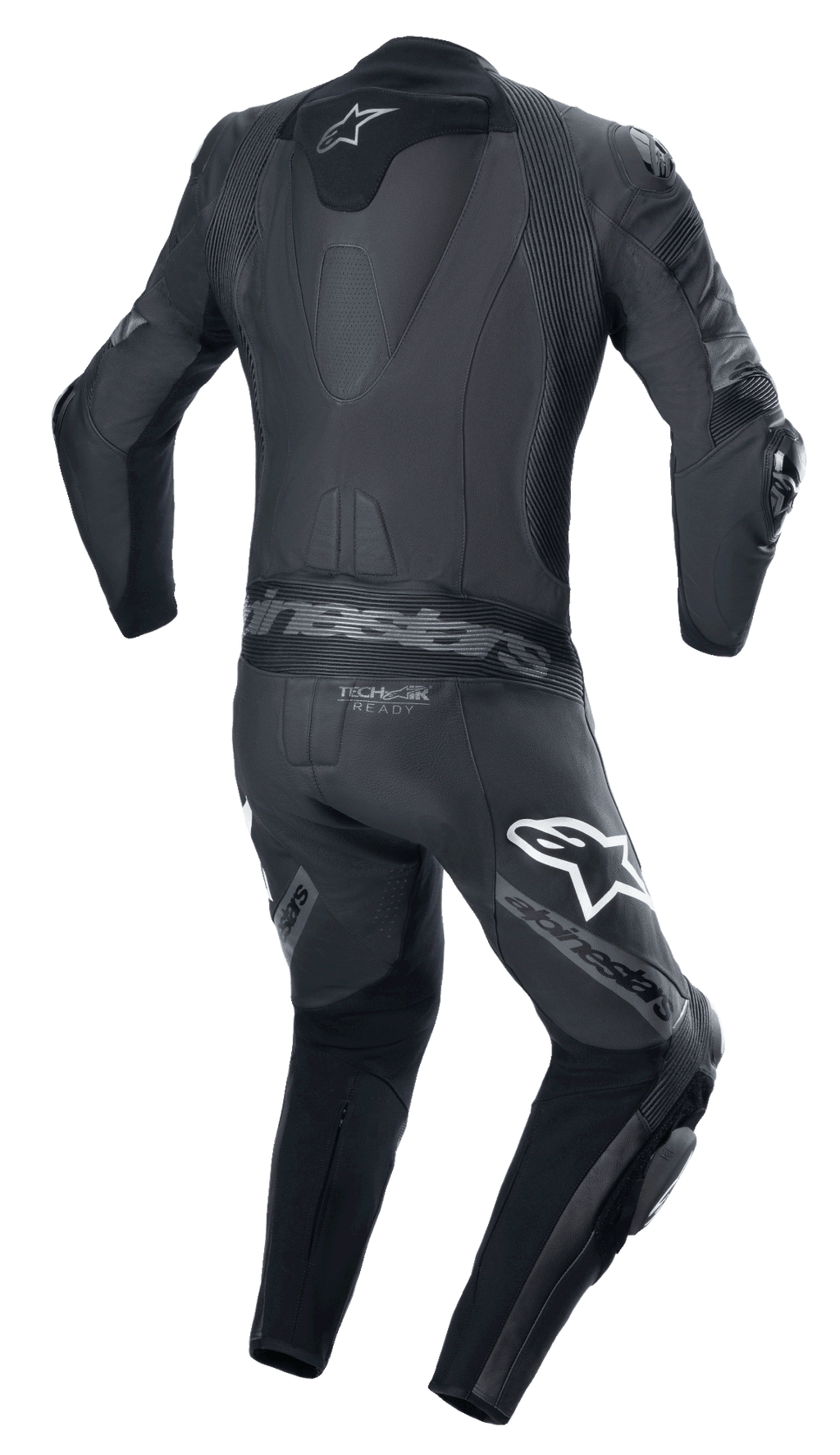 Combinaison en cuir Alpinestars Missile V2 Ward 1 pièce, noir gris métallisé, vue arrière présentant la bosse aérodynamique, des panneaux d'aisance en accordéon au bas du dos et aux épaules, le marquage Alpinestars sur les cuisses et le logo Tech-Air Ready.