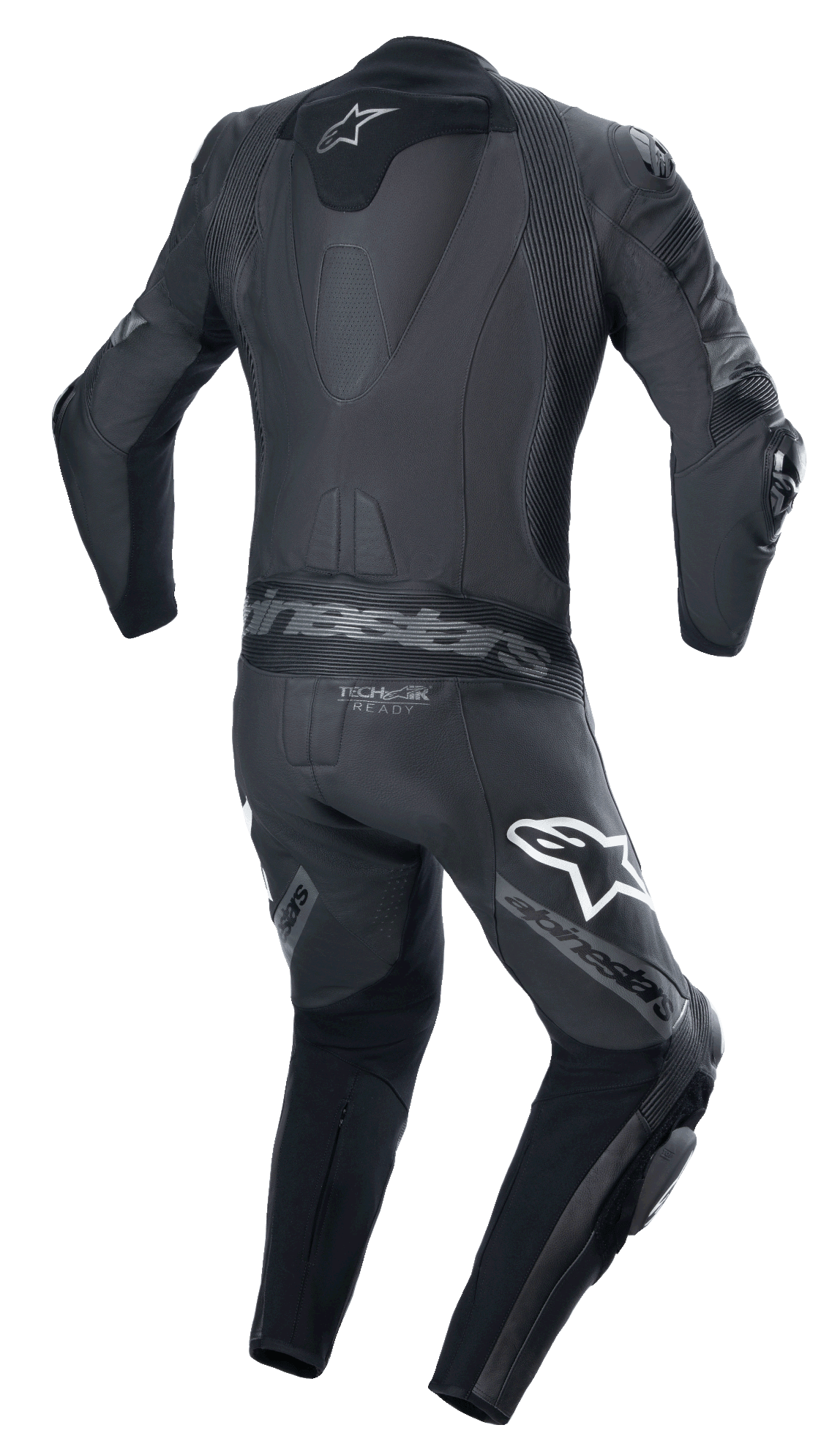Combinaison en cuir Alpinestars Missile V2 Ward 1 pièce, noir gris métallisé, vue arrière présentant la bosse aérodynamique, des panneaux d'aisance en accordéon au bas du dos et aux épaules, le marquage Alpinestars sur les cuisses et le logo Tech-Air Ready.