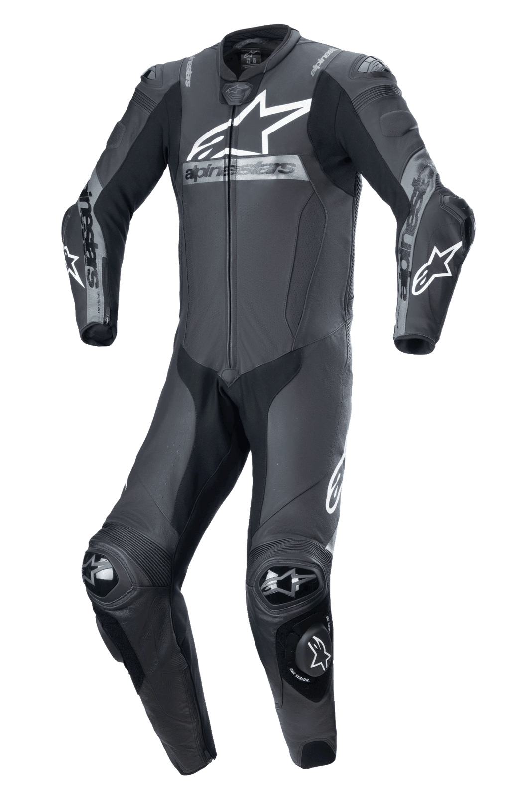 Combinaison en cuir une pièce Alpinestars Missile V2 Ward, noir et gris métallisé, combinaison de course moto professionnelle, design aérodynamique avec protections aux épaules, coudes et genoux, grand logo Alpinestars blanc sur la poitrine, construction en cuir premium pour la performance sur piste