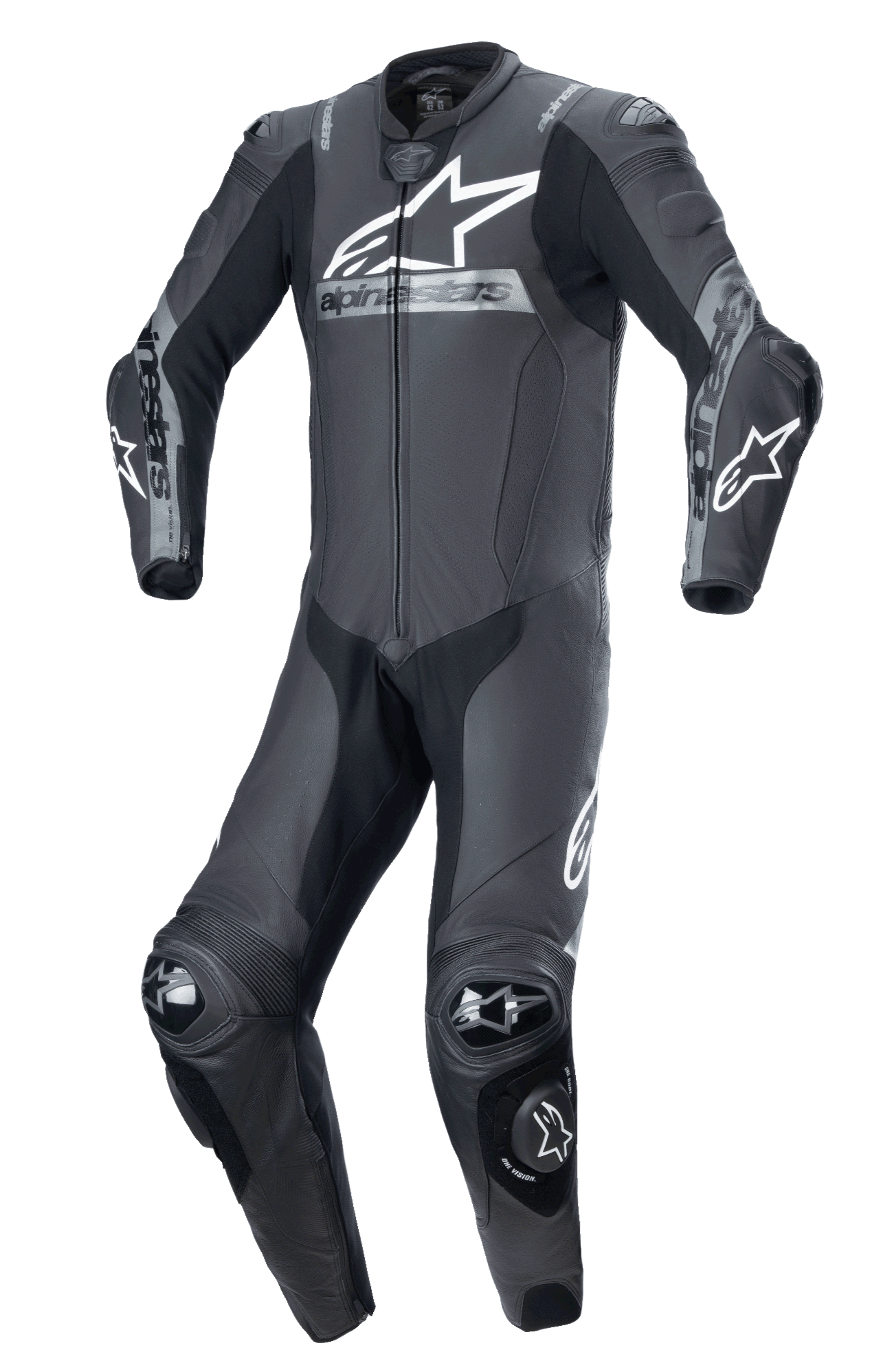 Alpinestars Missile V2 Ward Einteiler-Lederkombi, Schwarz Metallic-Grau, professioneller Motorrad-Rennanzug, aerodynamisches Design mit Protektoren an Schultern, Ellbogen und Knien, großes weißes Alpinestars-Logo auf der Brust, hochwertige Lederkonstruktion für Rennstrecken-Performance