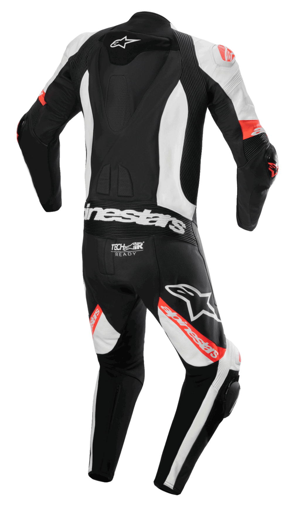 Alpinestars Missile V2 Ward 1-Teiler Lederkombi, Motorradkombi, Schwarz, Weiß und Rot Fluo, Rückansicht mit aerodynamischem Rückenhöcker, Tech-Air Ready Logo am unteren Rücken, Akkordeon-Stretchzonen und markantem Alpinestars-Branding auf den Beinen und dem Rücken