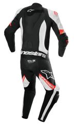 Alpinestars Missile V2 Ward 1-Teiler Lederkombi, Motorradkombi, Schwarz, Weiß und Rot Fluo, Rückansicht mit aerodynamischem Rückenhöcker, Tech-Air Ready Logo am unteren Rücken, Akkordeon-Stretchzonen und markantem Alpinestars-Branding auf den Beinen und dem Rücken