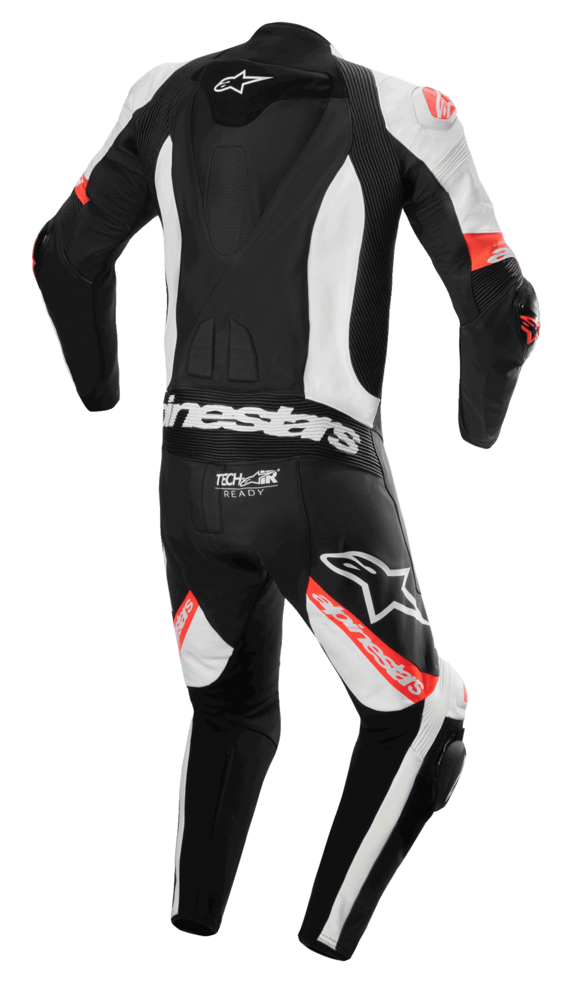 Alpinestars Missile V2 Ward 1-Teiler Lederkombi, Motorradkombi, Schwarz, Weiß und Rot Fluo, Rückansicht mit aerodynamischem Rückenhöcker, Tech-Air Ready Logo am unteren Rücken, Akkordeon-Stretchzonen und markantem Alpinestars-Branding auf den Beinen und dem Rücken