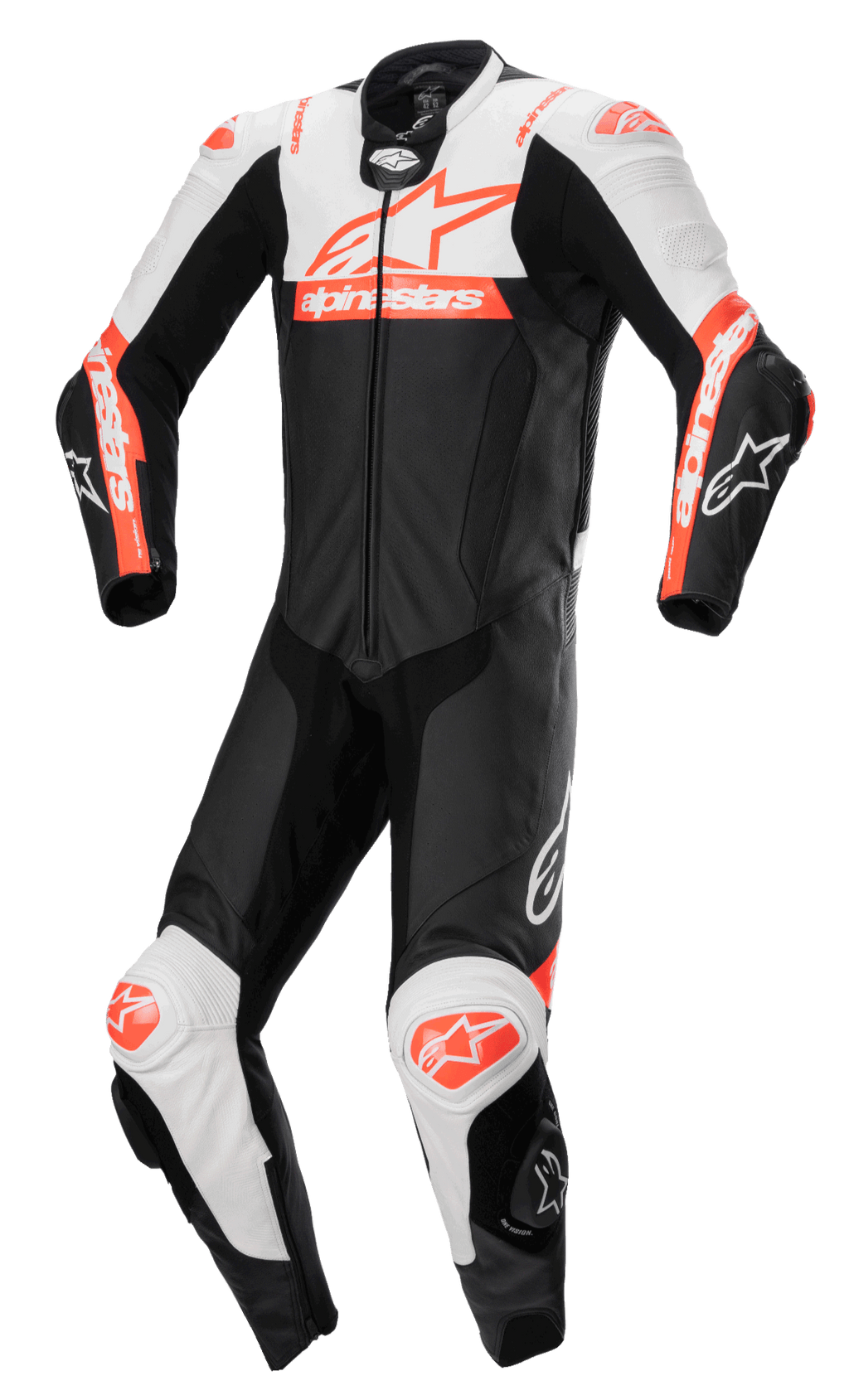 Alpinestars Missile V2 Ward 1-Teiler Lederkombi, Motorrad-Rennanzug, Schwarz mit weißen und roten Fluo-Akzenten, aerodynamisches Design mit Frontreißverschluss und Knieschleifern, hochwertige Lederkonstruktion