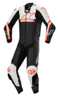Alpinestars Missile V2 Ward 1-Teiler Lederkombi, Motorrad-Rennanzug, Schwarz mit weißen und roten Fluo-Akzenten, aerodynamisches Design mit Frontreißverschluss und Knieschleifern, hochwertige Lederkonstruktion