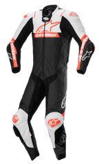 Alpinestars Missile V2 Ward 1-Teiler Lederkombi, Motorrad-Rennanzug, Schwarz mit weißen und roten Fluo-Akzenten, aerodynamisches Design mit Frontreißverschluss und Knieschleifern, hochwertige Lederkonstruktion