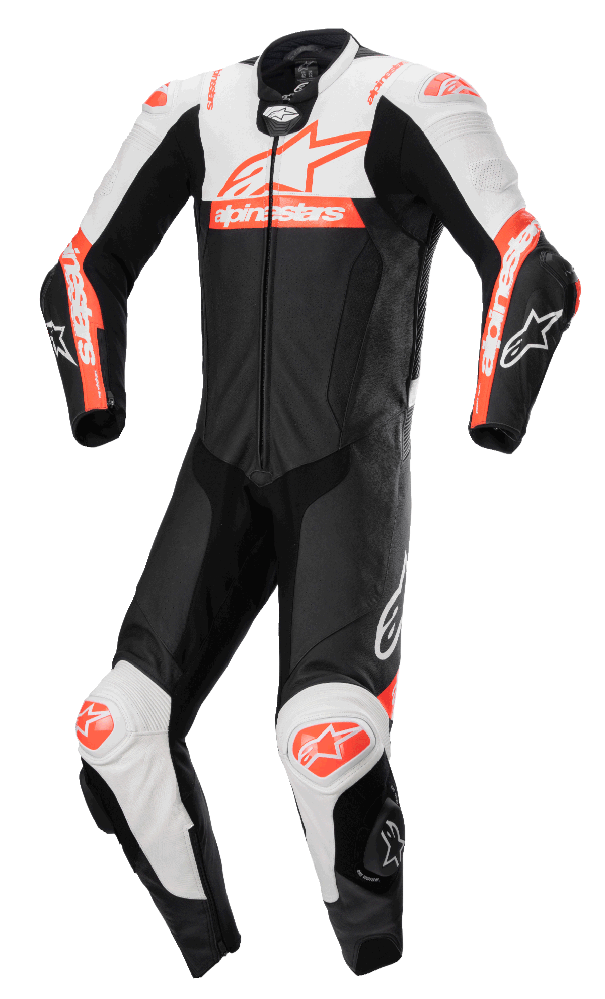 Alpinestars Missile V2 Ward 1-Teiler Lederkombi, Motorrad-Rennanzug, Schwarz mit weißen und roten Fluo-Akzenten, aerodynamisches Design mit Frontreißverschluss und Knieschleifern, hochwertige Lederkonstruktion
