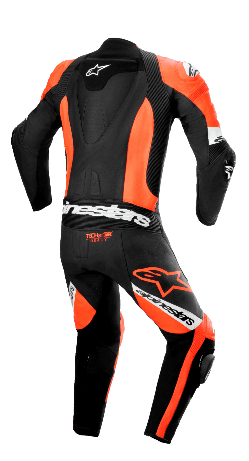 Alpinestars Missile V2 Ward 1-teilige Lederkombi, Rückansicht, Schwarz und Fluo-Rot mit weißen Akzenten, aerodynamischer Höcker, Akkordeon-Stretch-Einsätze am unteren Rücken und an den Knien, 'Tech-Air Ready'-Logo, markantes Alpinestars-Branding für professionellen Rennsport