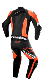Alpinestars Missile V2 Ward 1-teilige Lederkombi, Rückansicht, Schwarz und Fluo-Rot mit weißen Akzenten, aerodynamischer Höcker, Akkordeon-Stretch-Einsätze am unteren Rücken und an den Knien, 'Tech-Air Ready'-Logo, markantes Alpinestars-Branding für professionellen Rennsport