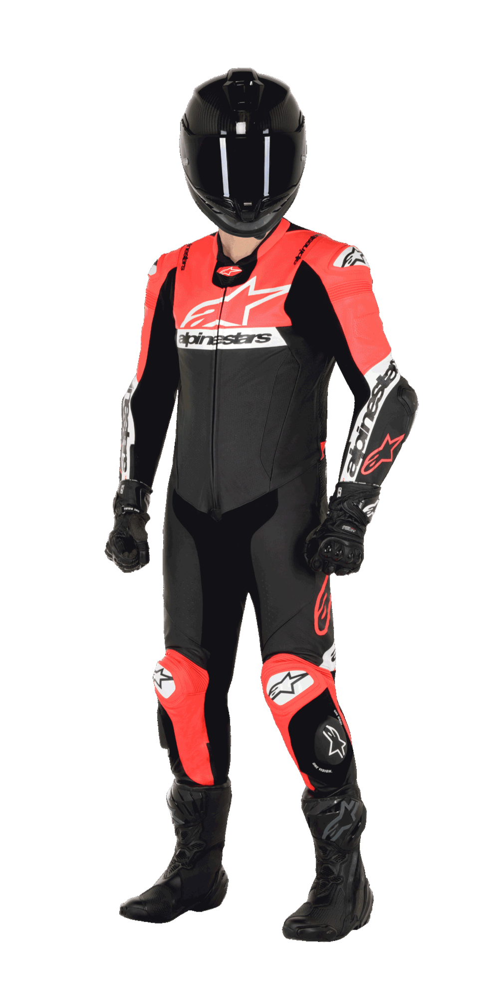 Motorradfahrer im Alpinestars Missile V2 Ward 1-Teiler Lederkombi, Farbvariante Schwarz, Rot Fluo und Weiß, komplett mit schwarzem Helm, schwarzen Rennhandschuhen und schwarzen Stiefeln, entwickelt für High-Performance-Rennsport.