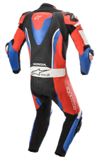 Alpinestars Honda GP Pro V2 1-Piece Leather Suit, Motorcycle Racing Suit, Black Red and Blue, back view showing aerodynamic hump, Honda and Tech-Air logos, accordion stretch panels for mobility, professional track gear.