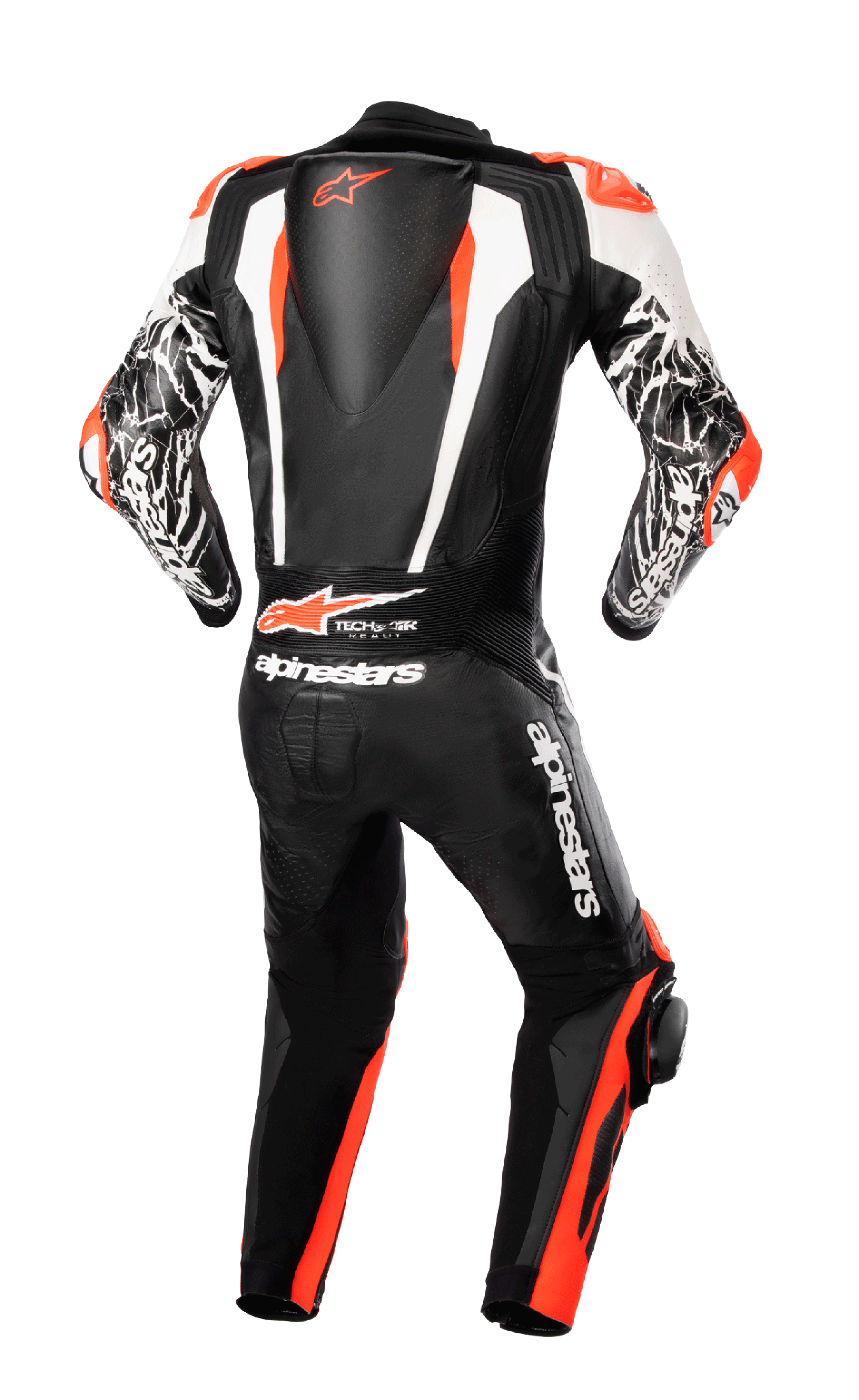 Alpinestars Racing Absolute V2 One Piece Leather Suit, vue arrière, noir, blanc et rouge fluo, avec bosse aérodynamique avec logo, marquage Tech-Air Ready et accents marbrés blancs sur les bras, équipement de moto professionnel prêt pour la piste