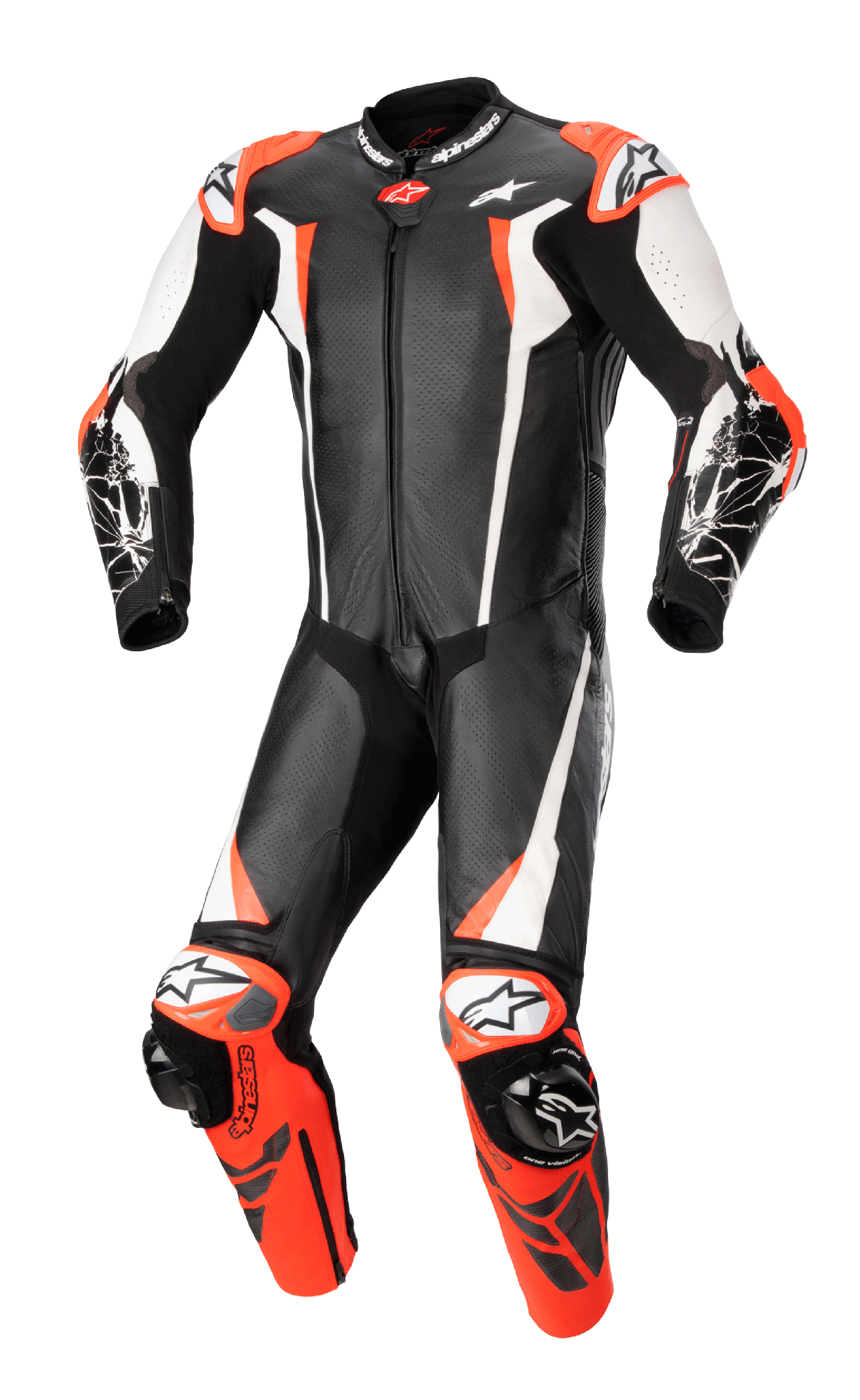 Alpinestars Racing Absolute V2, combinaison de course une pièce en cuir, noir, blanc et rouge fluo, design aérodynamique avec cuir perforé, sliders externes aux épaules et aux genoux, construction professionnelle prête pour la piste