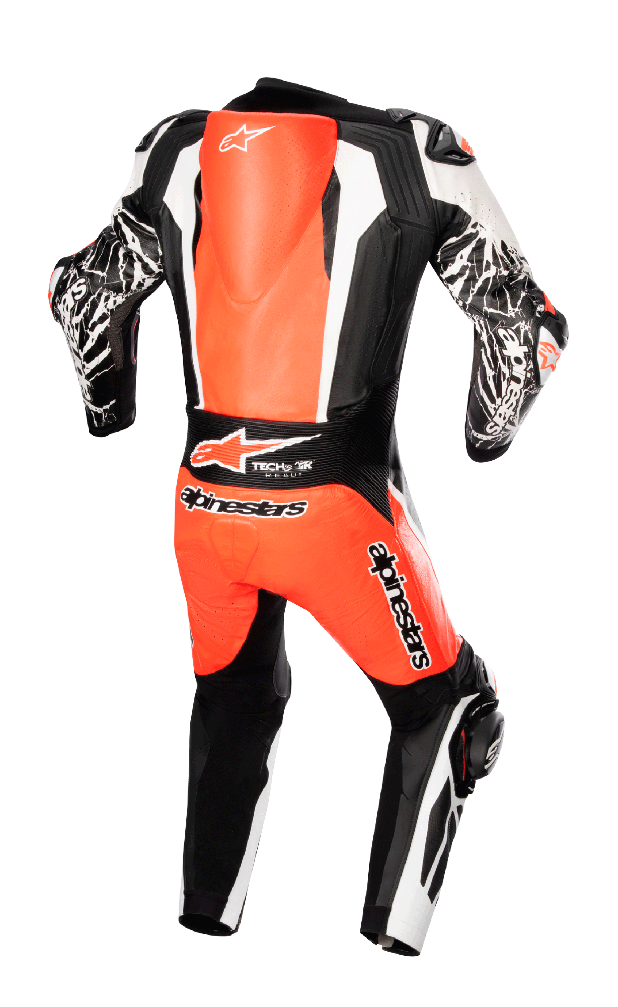 Alpinestars Racing Absolute V2 eendelig leren pak, achteraanzicht, fluo rood, wit en zwart, met aerodynamische rugbult, Tech-Air Ready-branding en marmer-effect graphics op de mouwen, professionele motorrace-uitrusting
