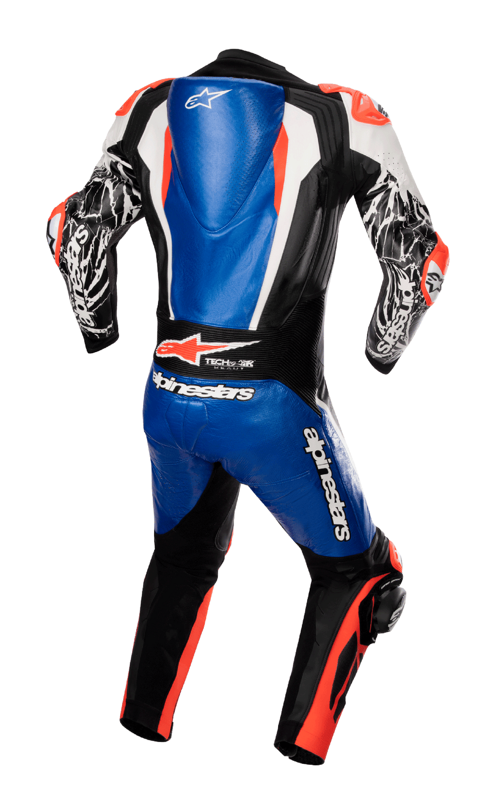 Combinaison en cuir une pièce Alpinestars Racing Absolute V2, vue arrière, bleu métallisé, noir, blanc et rouge fluo, dotée d'une bosse aérodynamique, de logos Alpinestars emblématiques et de panneaux extensibles composites, équipement de course professionnel pour circuit