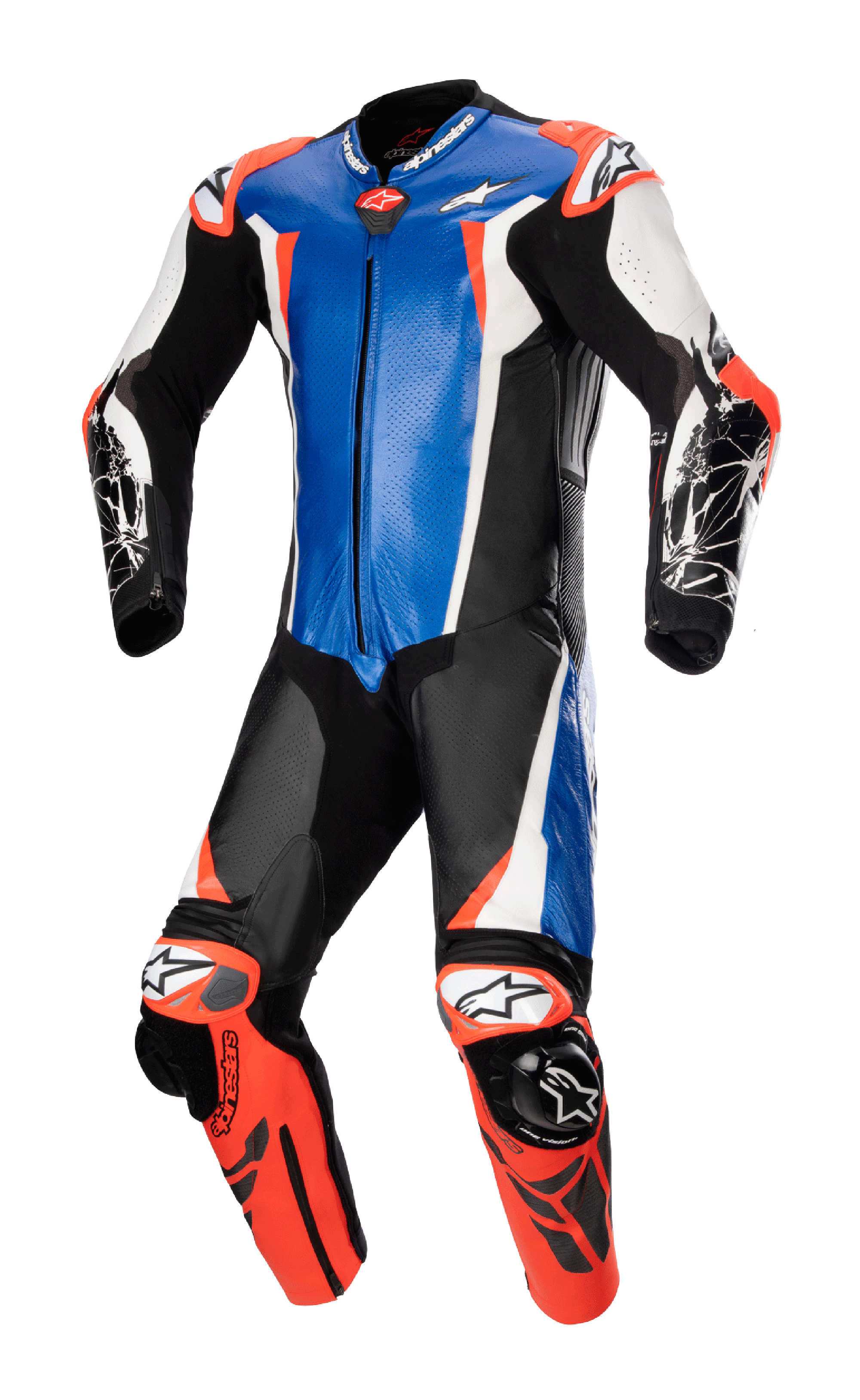 Alpinestars Racing Absolute V2 One Piece Leather Suit, bleu métallisé, noir, blanc et rouge fluo, combinaison de course moto professionnelle en cuir de kangourou, avec sliders externes GP DFS aux épaules et aux genoux, et panneaux perforés pour la performance sur piste.