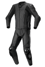 Alpinestars Missile V2 2-Piece Leather Suit, Black, Motorcycle Racing Suit, reinforced shoulders, elbows and knees with protective sliders, aerodynamic design with zippered jacket and pants, premium leather construction with textured panels