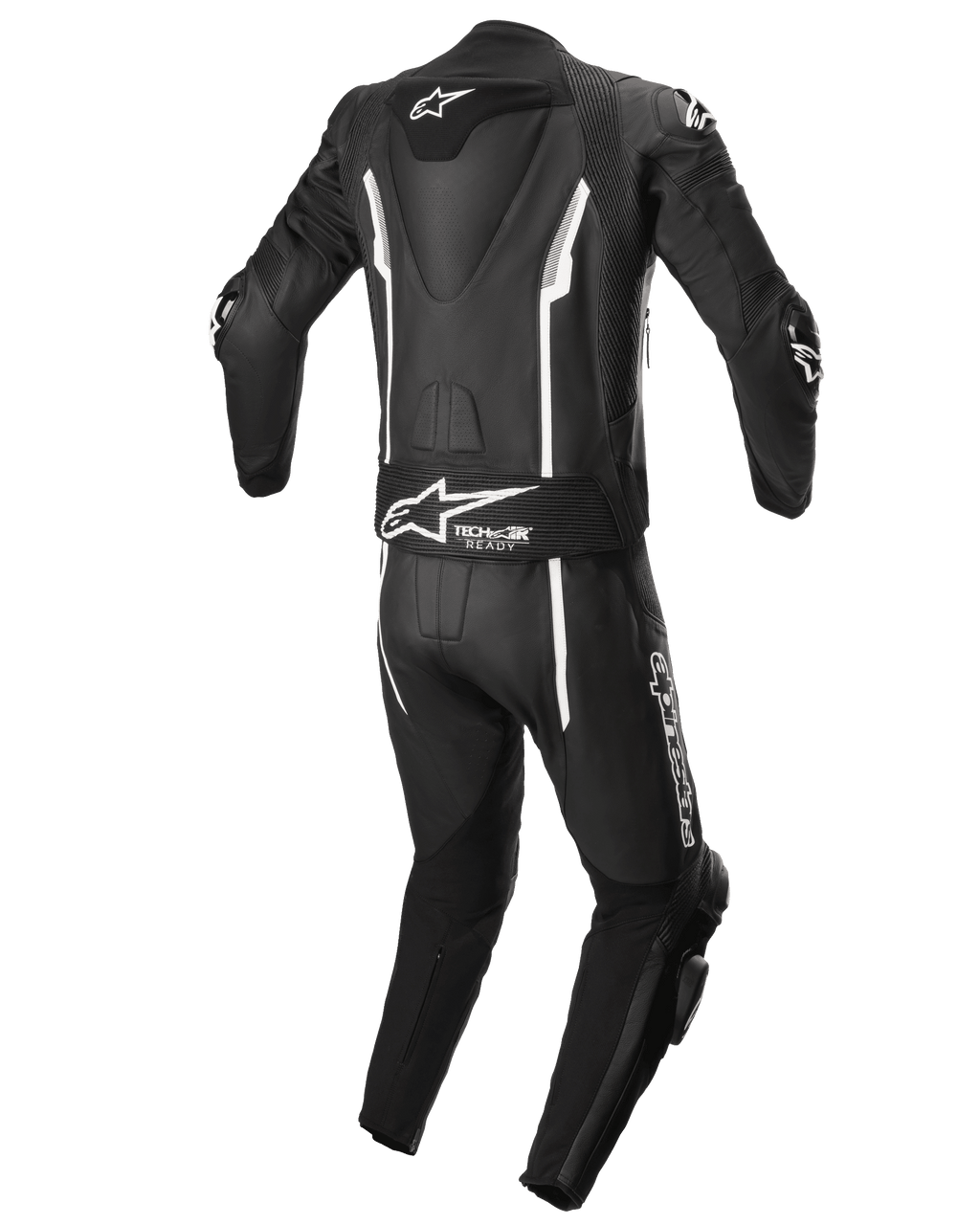 Alpinestars Missile V2 2-delig leren pak, motorracepak, zwart en wit, achteraanzicht met aerodynamische hump, Tech-Air Ready stretchpaneel, witte lineaire accenten en Alpinestars-branding op de onderrug en het been