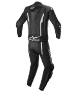 Alpinestars Missile V2 2-delig leren pak, motorracepak, zwart en wit, achteraanzicht met aerodynamische hump, Tech-Air Ready stretchpaneel, witte lineaire accenten en Alpinestars-branding op de onderrug en het been