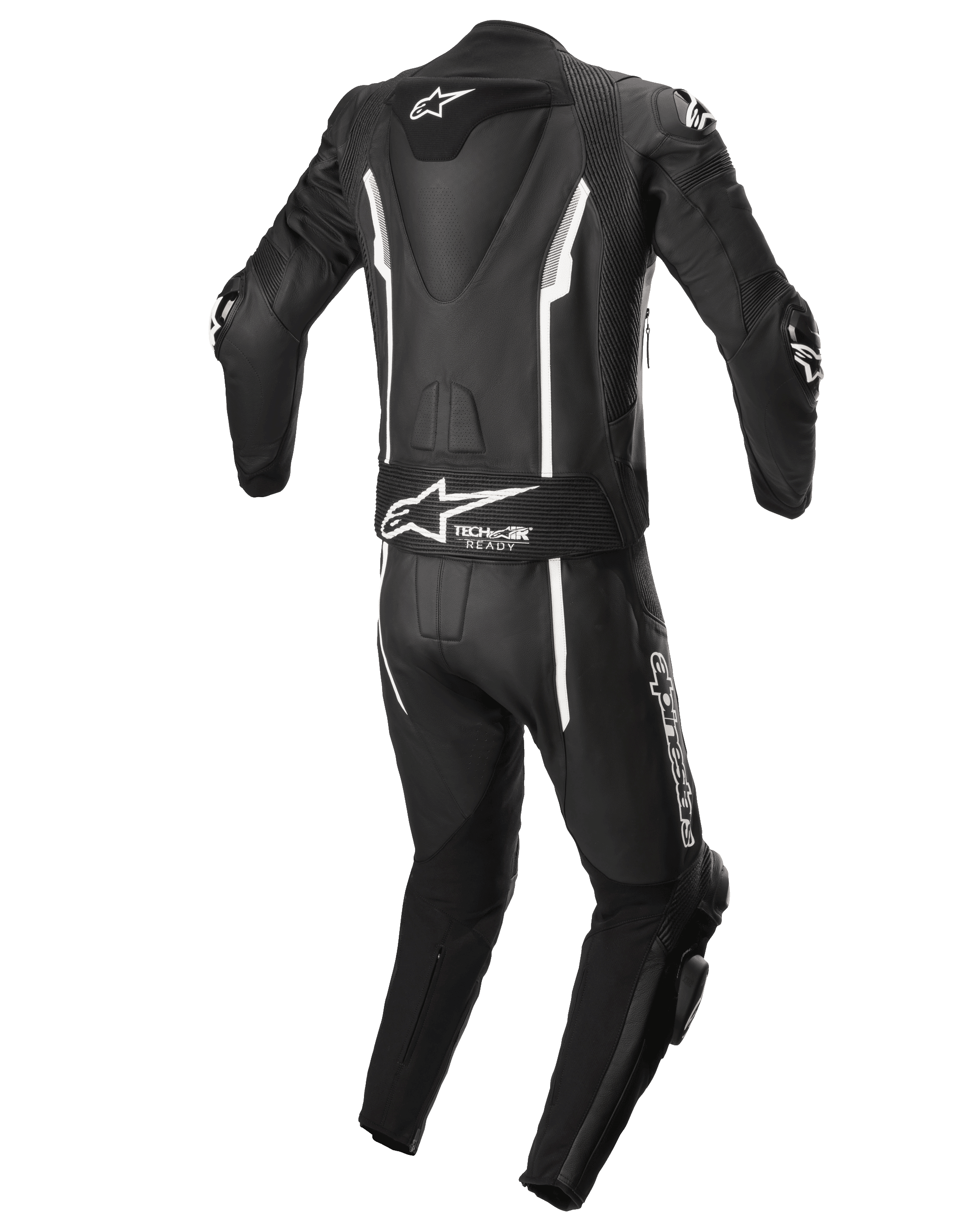 Alpinestars Missile V2 2-delig leren pak, motorracepak, zwart en wit, achteraanzicht met aerodynamische hump, Tech-Air Ready stretchpaneel, witte lineaire accenten en Alpinestars-branding op de onderrug en het been