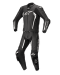 Alpinestars Missile V2 2-delig leren pak, zwart en wit, professioneel motorracepak, hoogwaardige leren constructie met witte accenten en logo's, voorzien van beschermende protectoren en kniesliders, strak aerodynamisch ontwerp