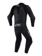 Combinaison en cuir 2 pièces Alpinestars GP Force V2, combinaison de moto, noire, vue arrière avec bosse aérodynamique et panneaux en cuir perforé, logos Alpinestars et Tech-Air Ready sur le bas du dos, conçue pour la conduite sur piste haute performance