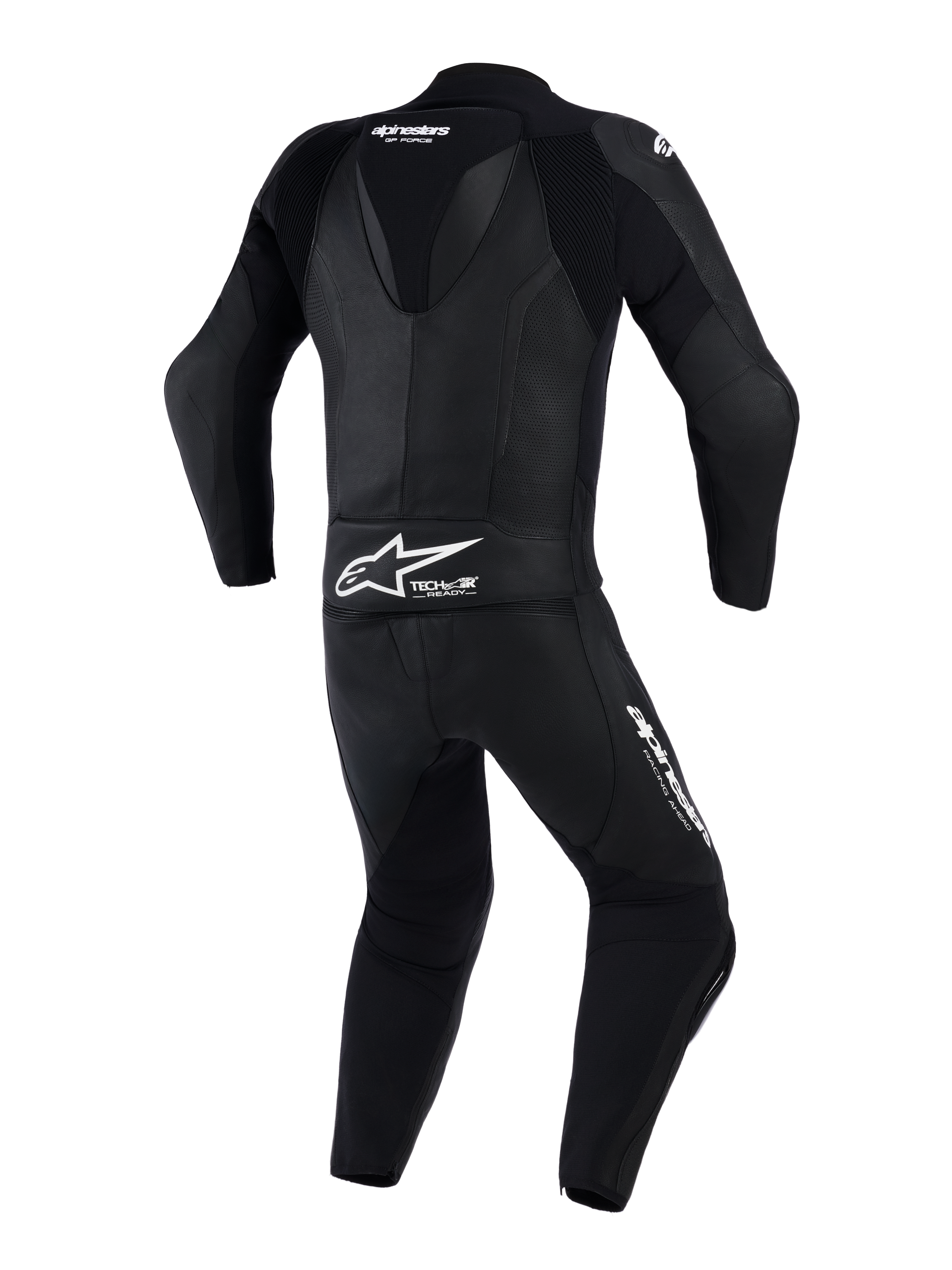 Combinaison en cuir 2 pièces Alpinestars GP Force V2, combinaison de moto, noire, vue arrière avec bosse aérodynamique et panneaux en cuir perforé, logos Alpinestars et Tech-Air Ready sur le bas du dos, conçue pour la conduite sur piste haute performance