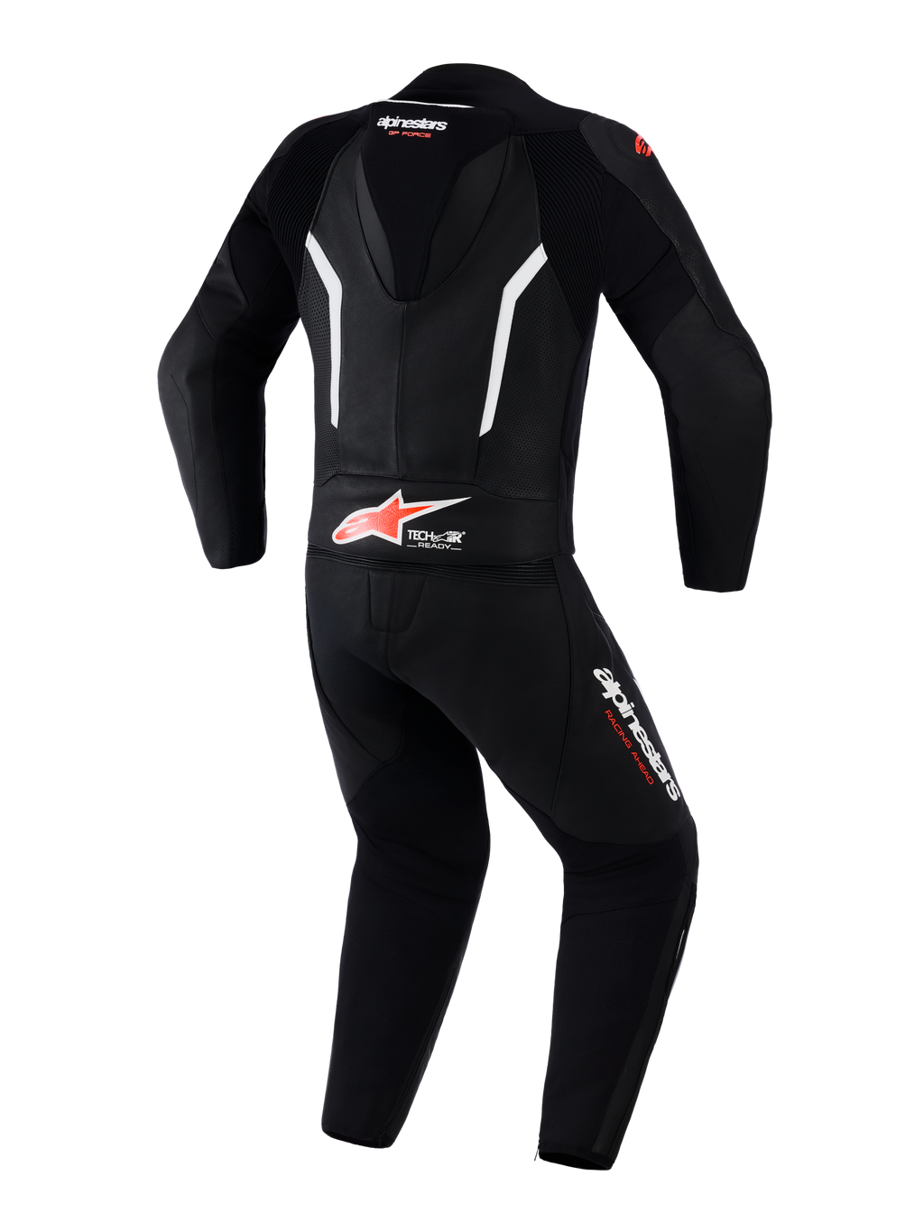 Alpinestars GP Force V2 2-teilige Lederkombi, Motorrad-Rennkombi, Schwarz, Weiß und Fluo-Rot, Rückansicht mit aerodynamischem Rückenhöcker, Tech-Air Ready Branding am unteren Rücken, perforierten Ledereinsätzen zur Belüftung und Alpinestars Logos an den Beinen und am Nacken.