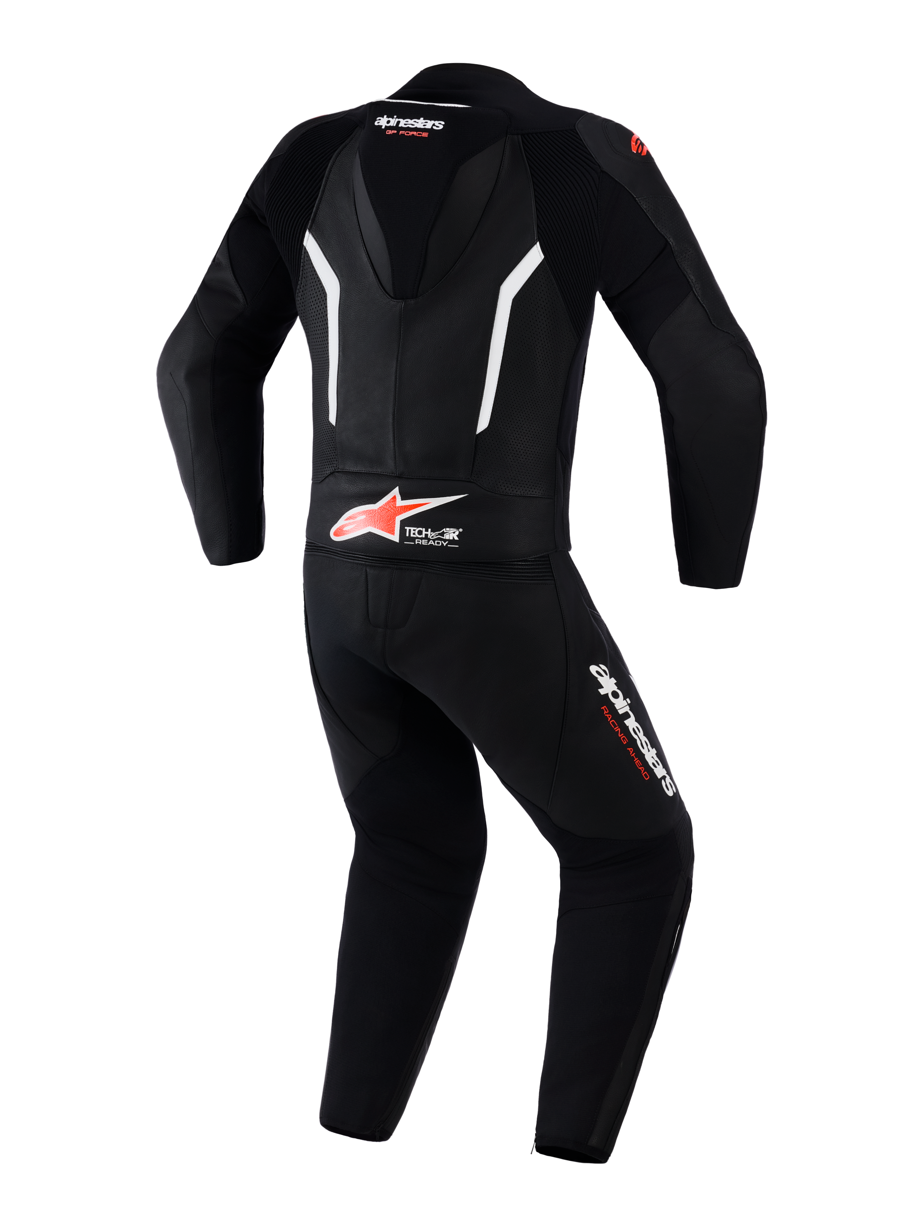 Alpinestars GP Force V2 2-teilige Lederkombi, Motorrad-Rennkombi, Schwarz, Weiß und Fluo-Rot, Rückansicht mit aerodynamischem Rückenhöcker, Tech-Air Ready Branding am unteren Rücken, perforierten Ledereinsätzen zur Belüftung und Alpinestars Logos an den Beinen und am Nacken.