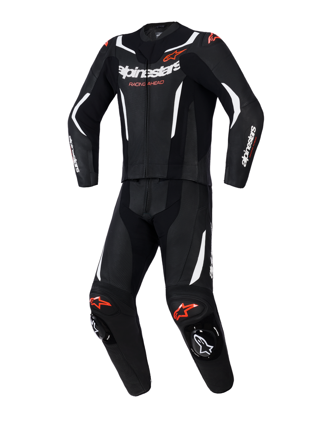 Alpinestars GP Force V2 2-teilige Lederkombi, Motorrad-Rennkombi, Schwarz mit weißen und fluoreszierend roten Akzenten, mit perforierten Ledereinsätzen, weißen Kontraststreifen, roten Logos und integrierten Knieschleifern, professionelle Sport-Fahrausrüstung
