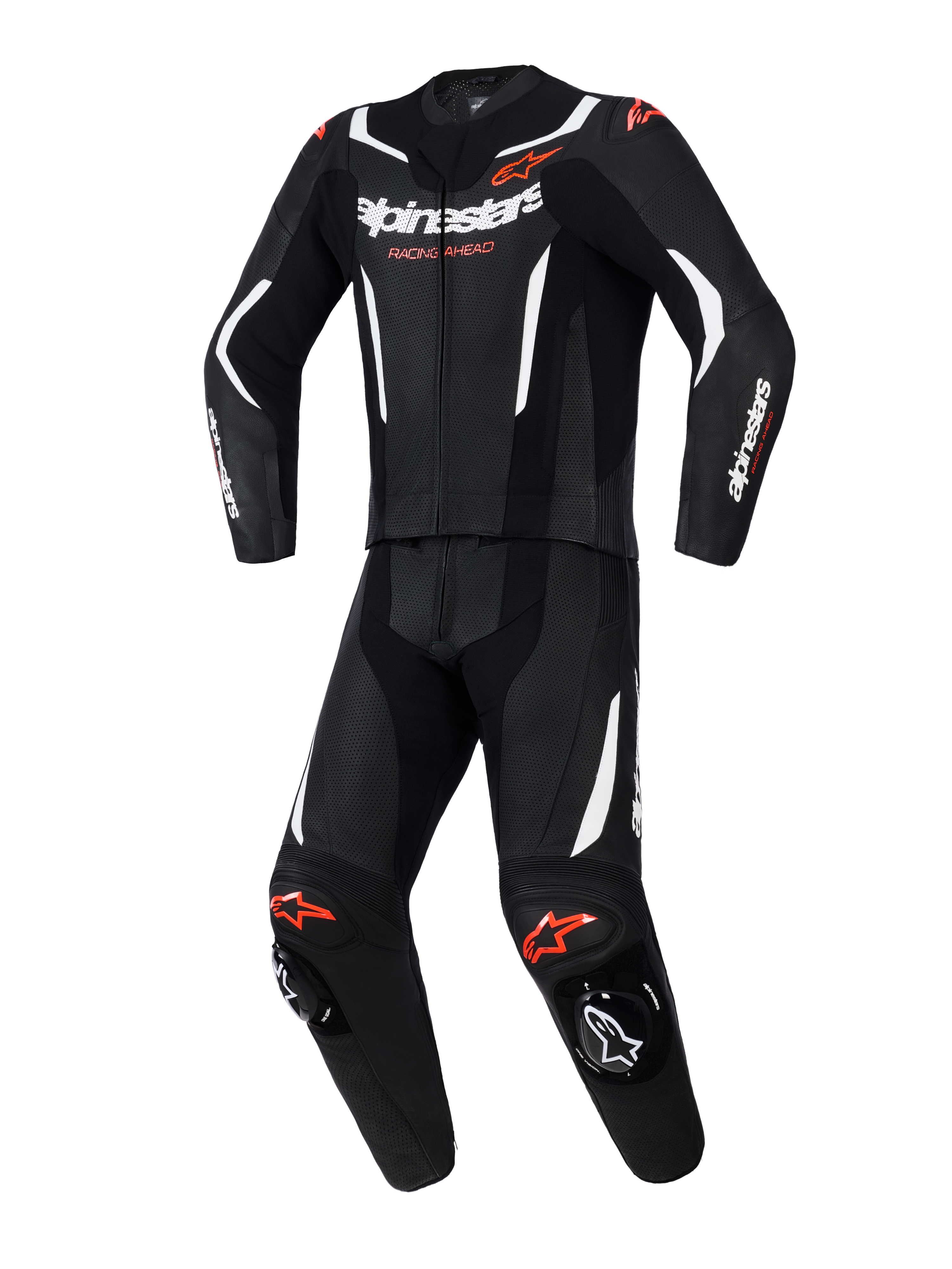 Alpinestars GP Force V2 2-teilige Lederkombi, Motorrad-Rennkombi, Schwarz mit weißen und fluoreszierend roten Akzenten, mit perforierten Ledereinsätzen, weißen Kontraststreifen, roten Logos und integrierten Knieschleifern, professionelle Sport-Fahrausrüstung