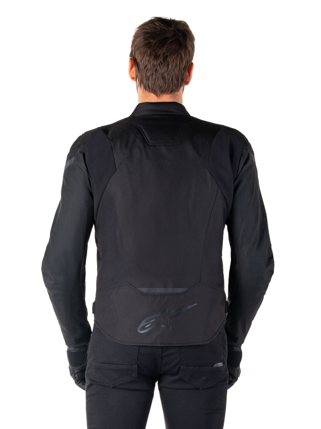 Alpinestars T-Jaws V4 Wasserdichte Jacke, Textil-Motorradjacke, Schwarz, Rückansicht mit Alpinestars-Logo am unteren Rücken, sportliche Passform für das Fahren auf der Straße