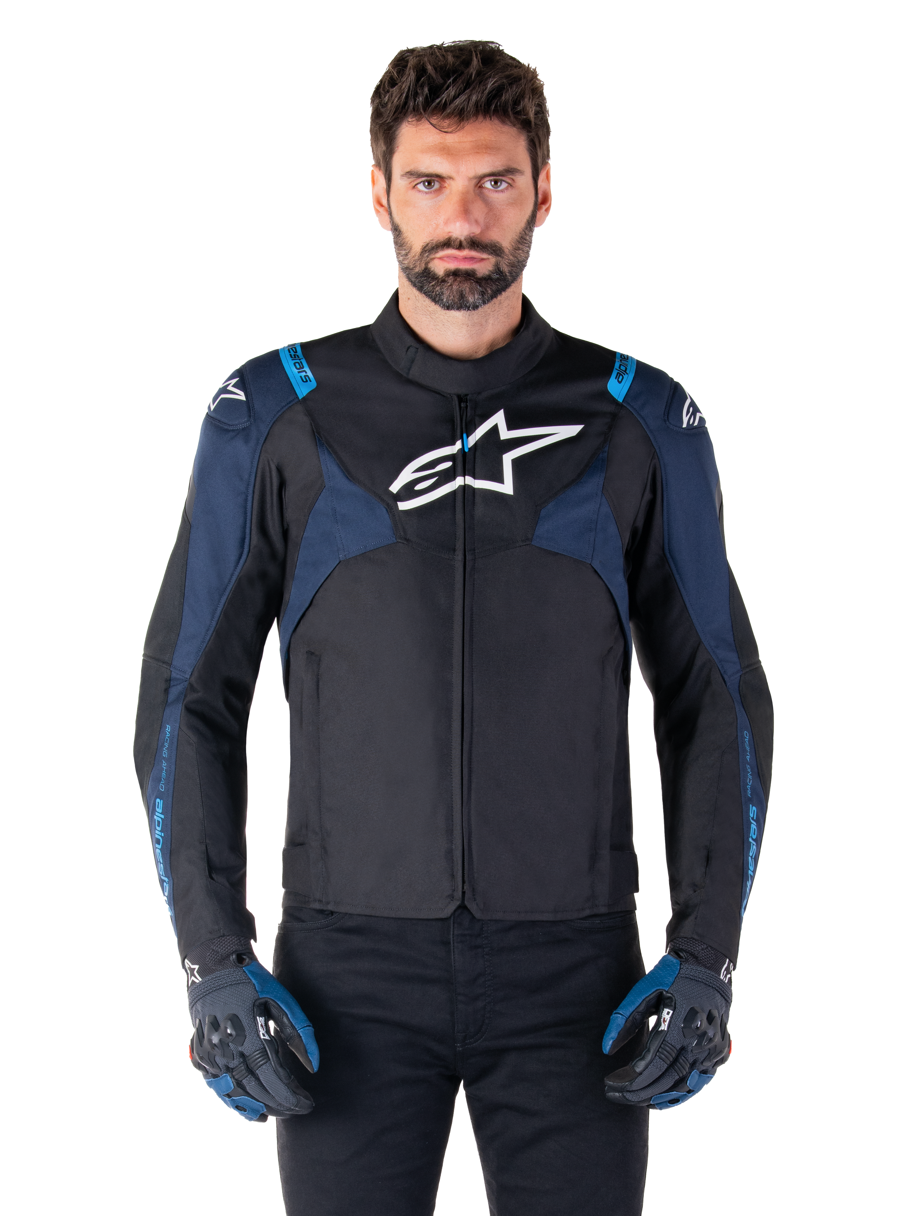 Alpinestars T-Jaws V4 Waterproof Jacket, Motorcycle Jacket, Black and Dark Blue with Blithe Blue accents, white logo on chest, blue text on shoulders, worn with matching gloves, waterproof textile riding gear