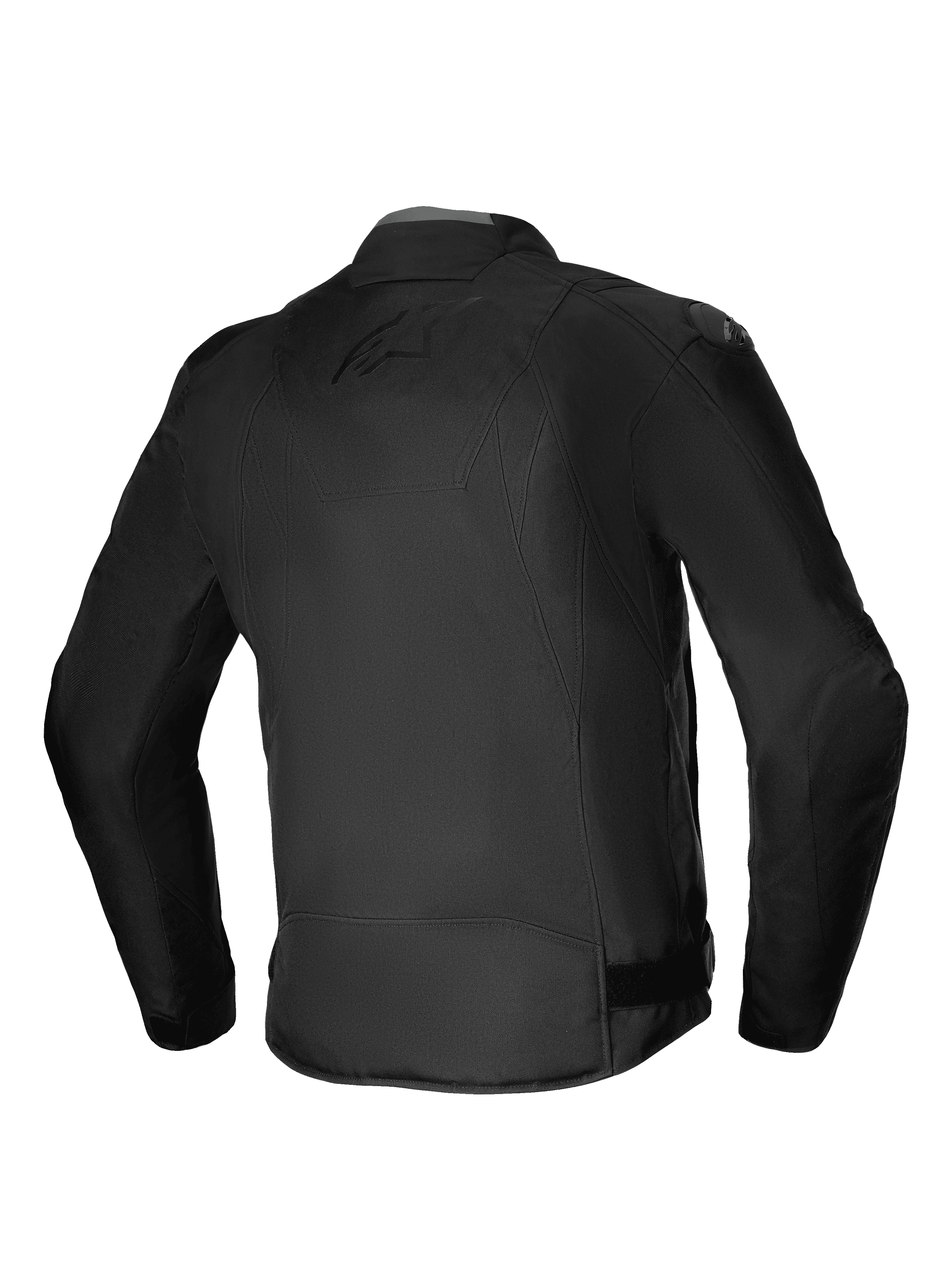 Veste Alpinestars T-SP 1 V2 Waterproof, veste de moto en textile, noire, vue arrière mettant en valeur la silhouette sportive 3D, sliders d'épaule DFS Lite et logo discret ton sur ton au dos, équipement de protection durable toutes saisons