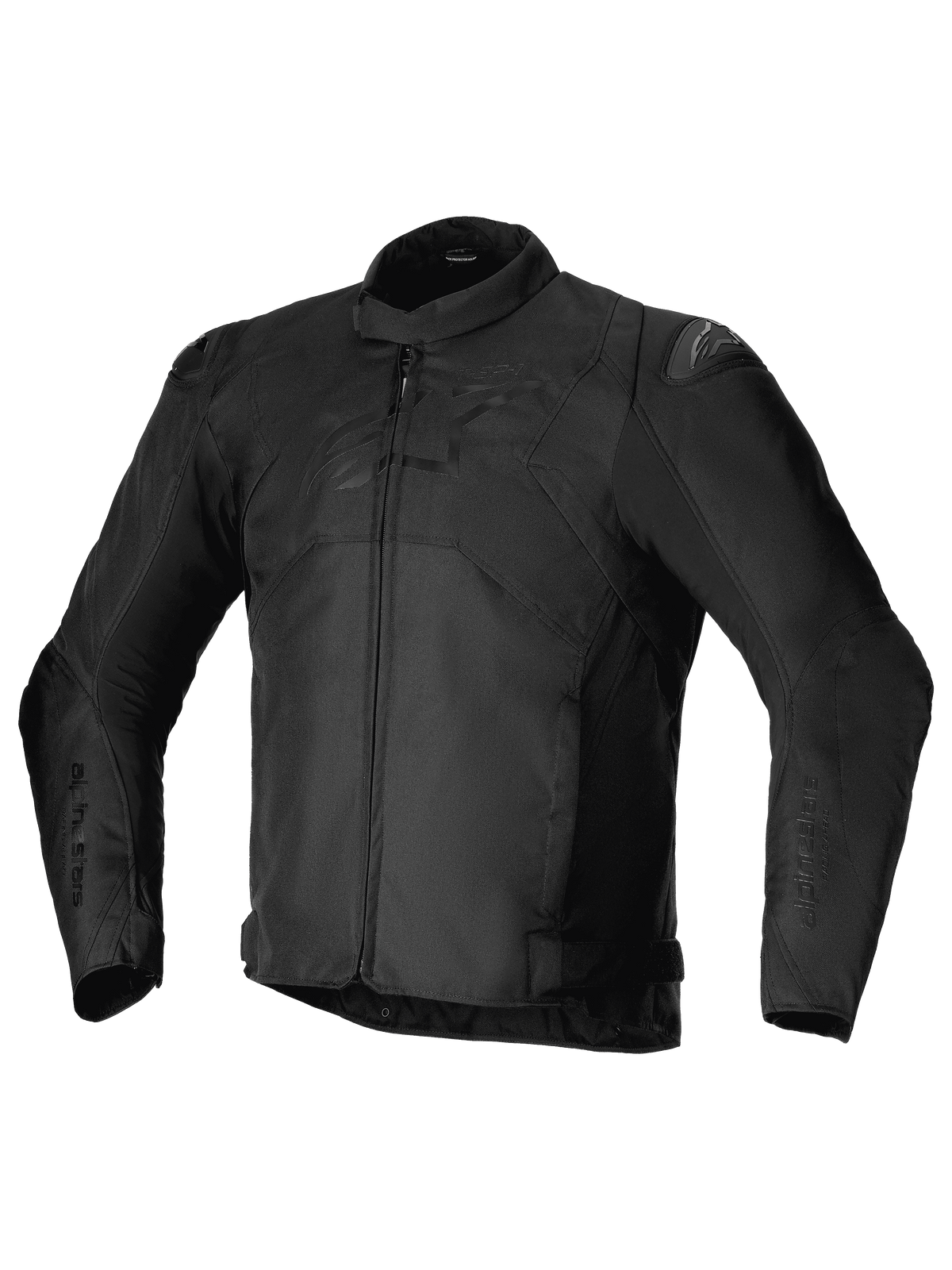 Alpinestars T-SP 1 V2 Waterproof Jacket, Schwarz, Sportliche Textil-Motorradjacke, flacher Kragen, lange vorgekrümmte Ärmel, Frontreißverschluss, DFS Lite Schulterschleifer, Ton-in-Ton Alpinestars-Logo auf der Brust