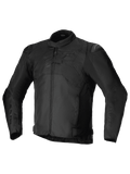 Alpinestars T-SP 1 V2 Waterproof Jacket, veste de moto de sport en textile, noire, col bas, longues manches pré-courbées, fermeture éclair frontale, sliders d'épaules DFS Lite, logo Alpinestars ton sur ton sur la poitrine