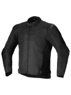 Alpinestars T-SP 1 V2 Waterproof Jacket, veste de moto de sport en textile, noire, col bas, longues manches pré-courbées, fermeture éclair frontale, sliders d'épaules DFS Lite, logo Alpinestars ton sur ton sur la poitrine